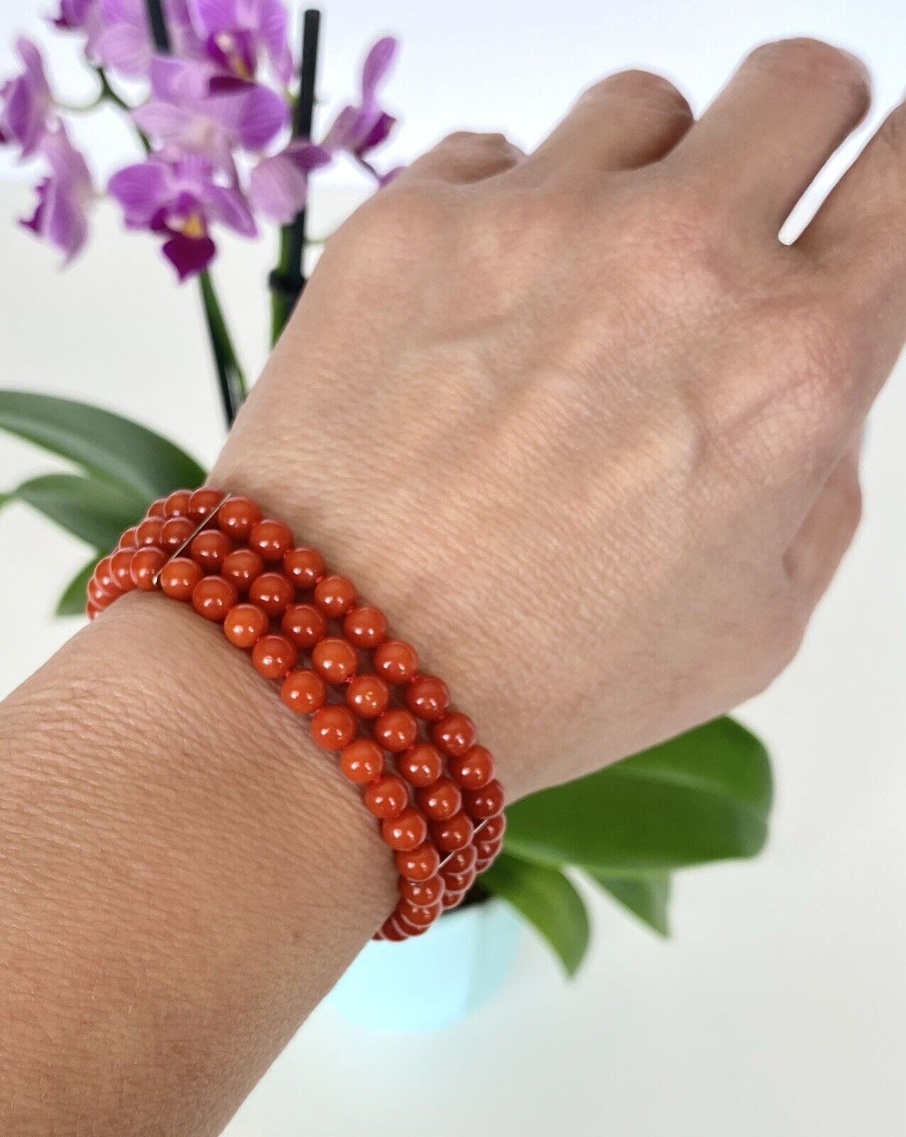 Natural Mediterranean Red Coral 14K White Gold & Diamonds Bracelet, 7"