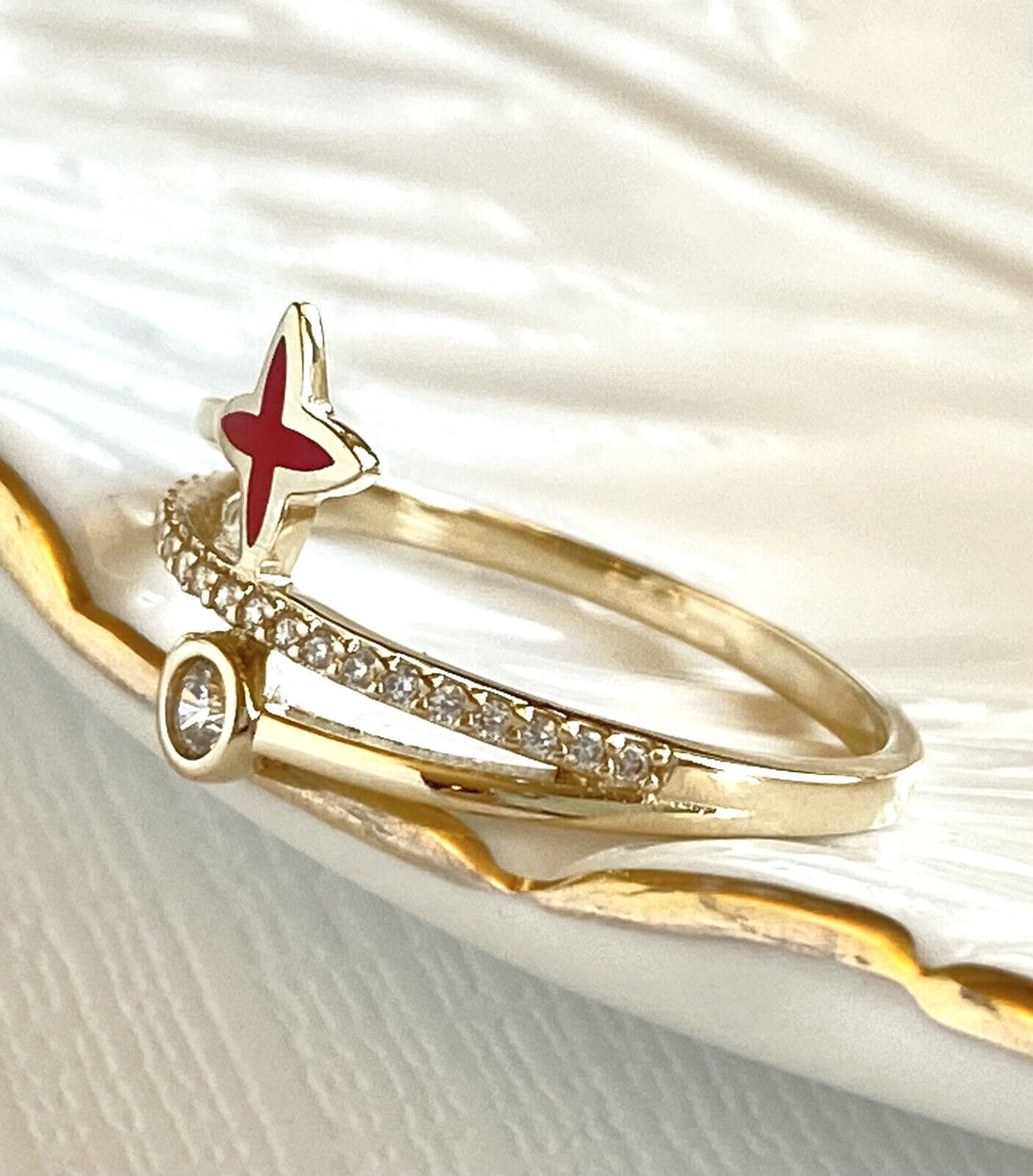 Solid 14k Yellow Gold Red Enamel & Cubic Zirconia Ring New, Size 7