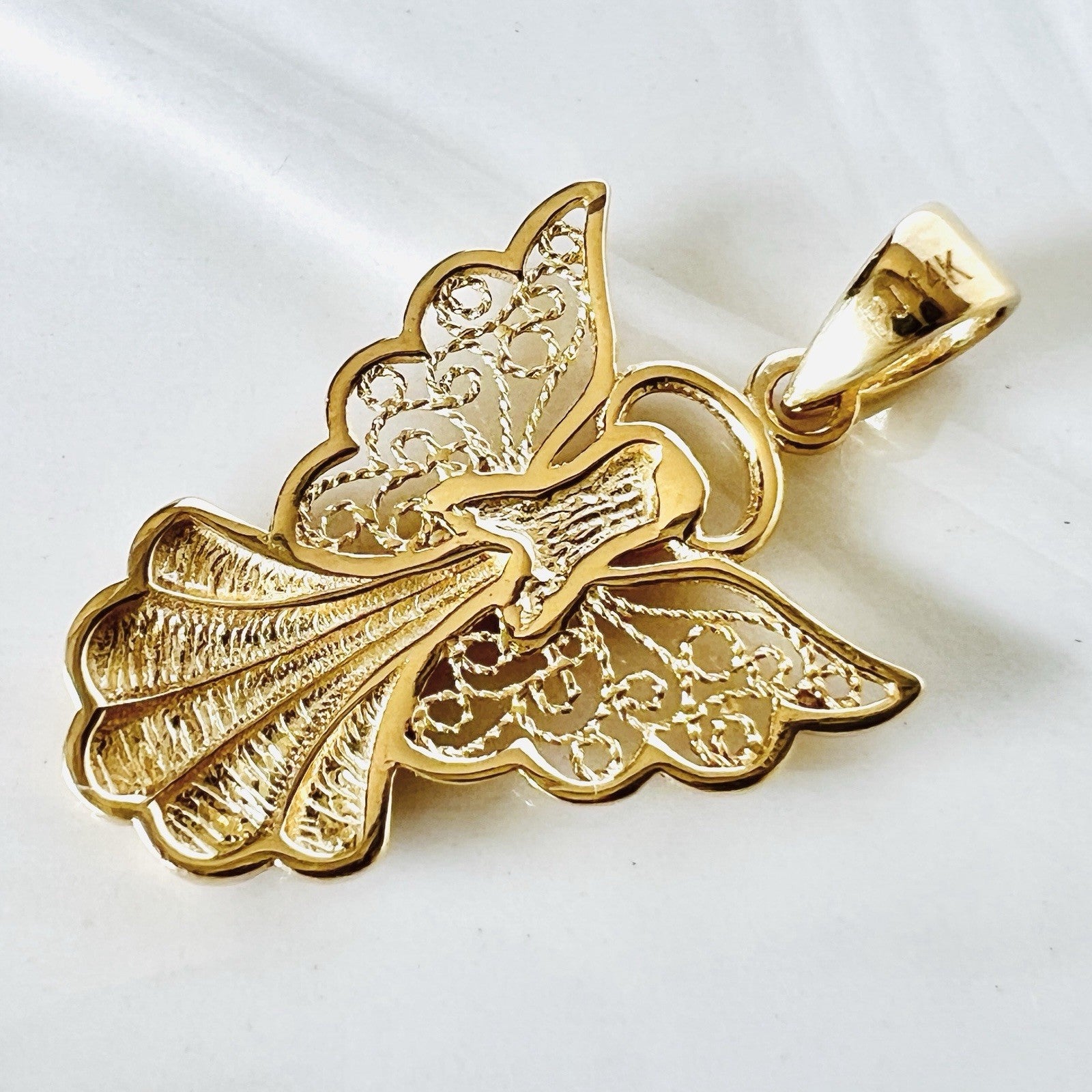 Solid 14k Yellow Gold Filigree Guardian Angel Pendant, New, Lg
