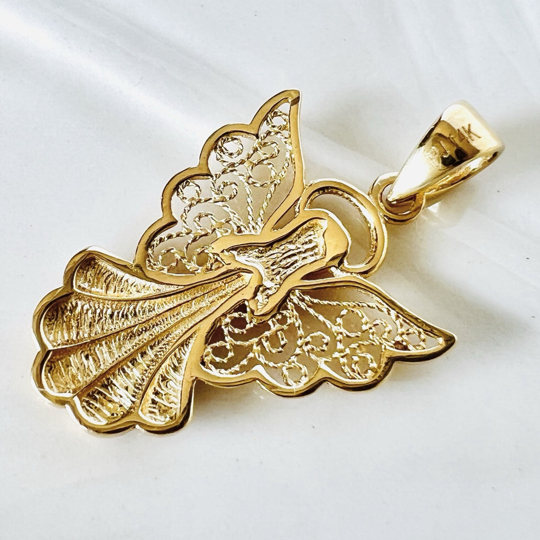 Solid 14k Yellow Gold Filigree Guardian Angel Pendant, New, Lg