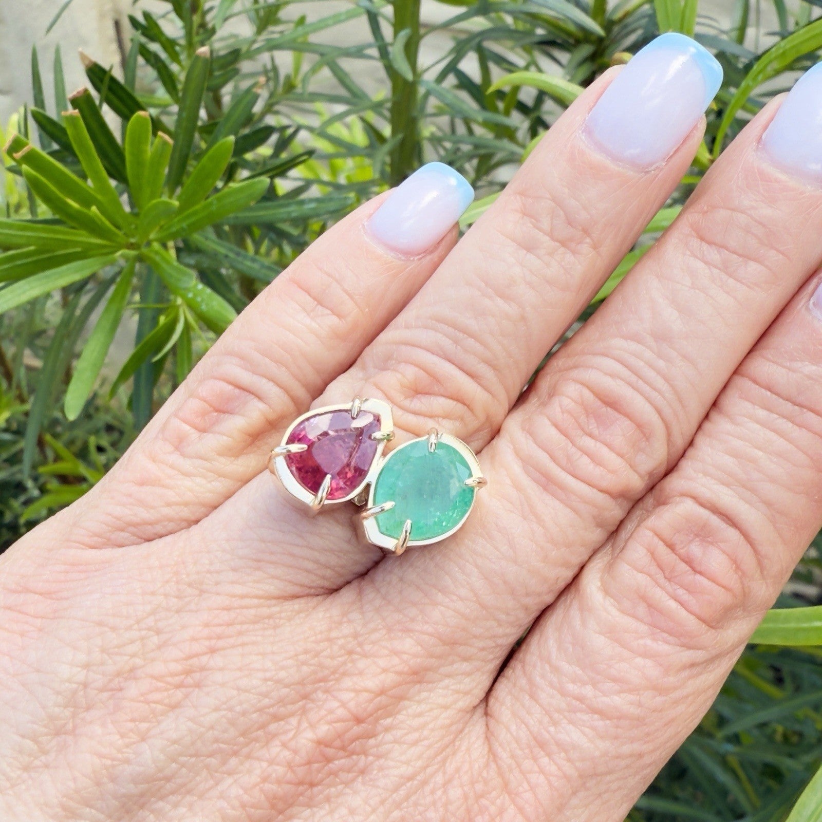 14k Yellow Gold Genuine Emerald & Pink Tourmaline Modernist Ring, New Size 6.5