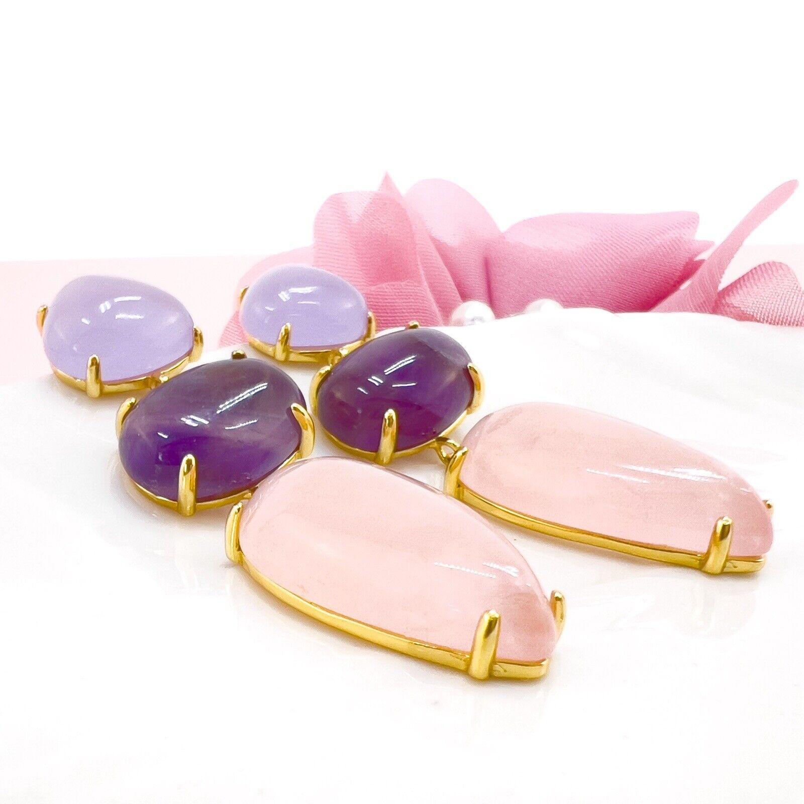 Genuine Rose-Quartz Amethyst Chalcedony Sterling Silver Vermeil Dangle Earrings