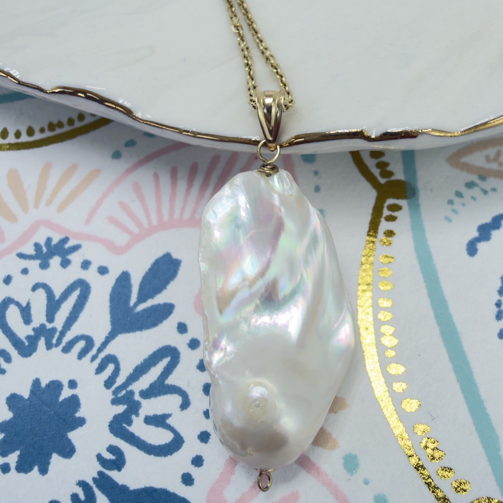 14k Yellow Gold Genuine Baroque Pearl Pendant, New 1.5"