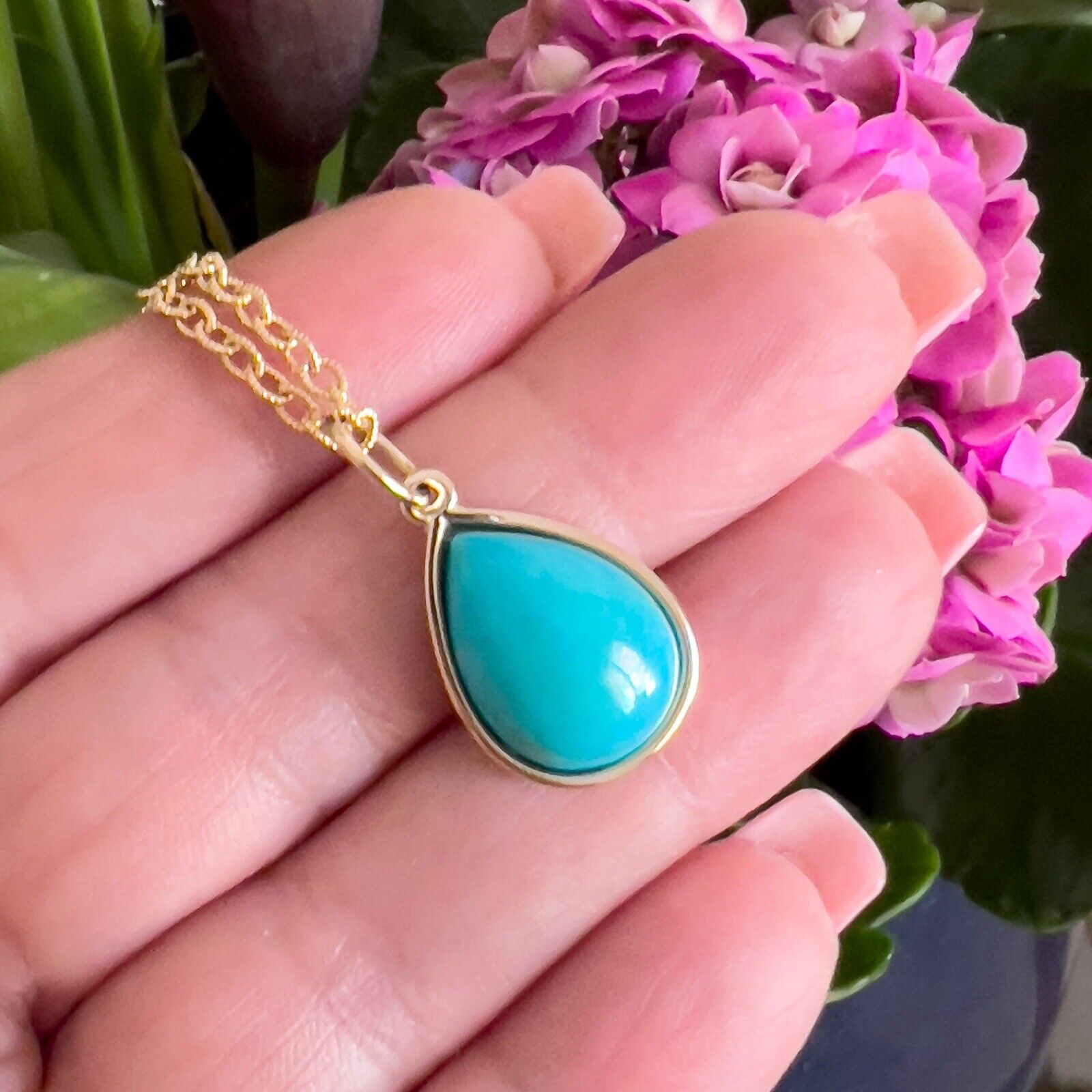 Natural Persian Turquoise 14k Yellow Gold Drop Pendant, Unisex, Handcrafted