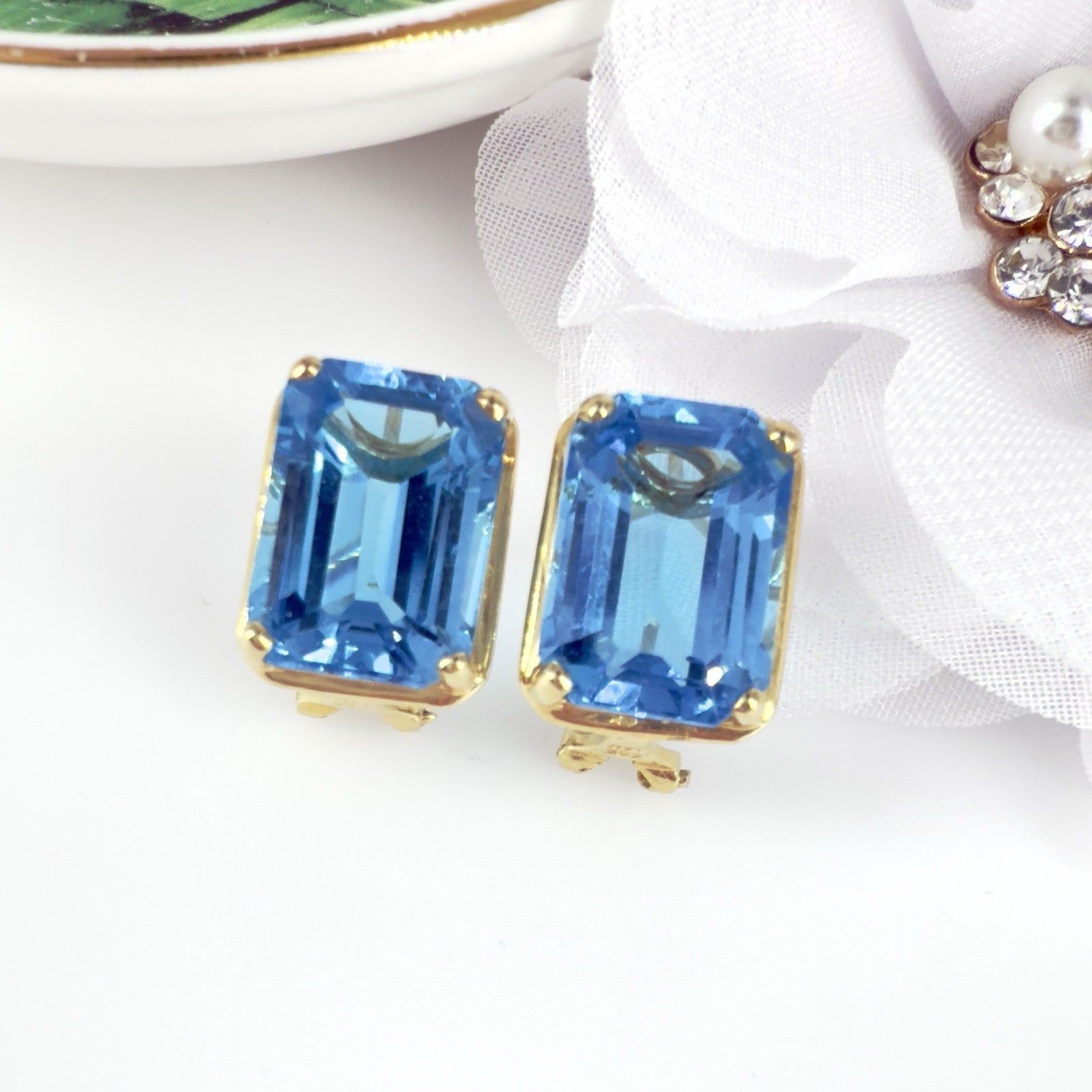 14k Yellow Gold Swiss Blue Topaz Omega Back Earrings, Preowned