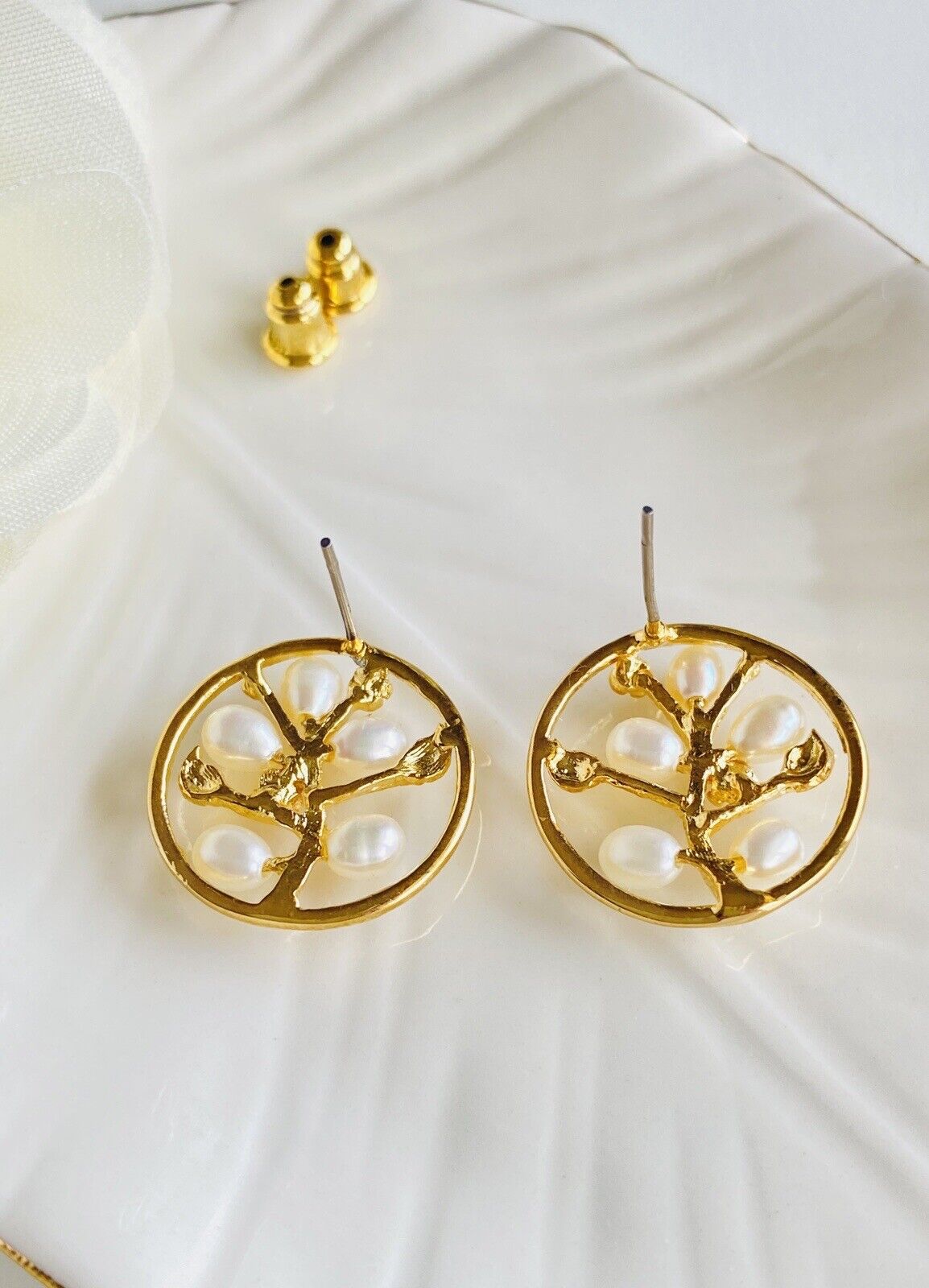 Heavy Gold Plated & Genuine Pearl Stud Earrings, New Vintage Stock