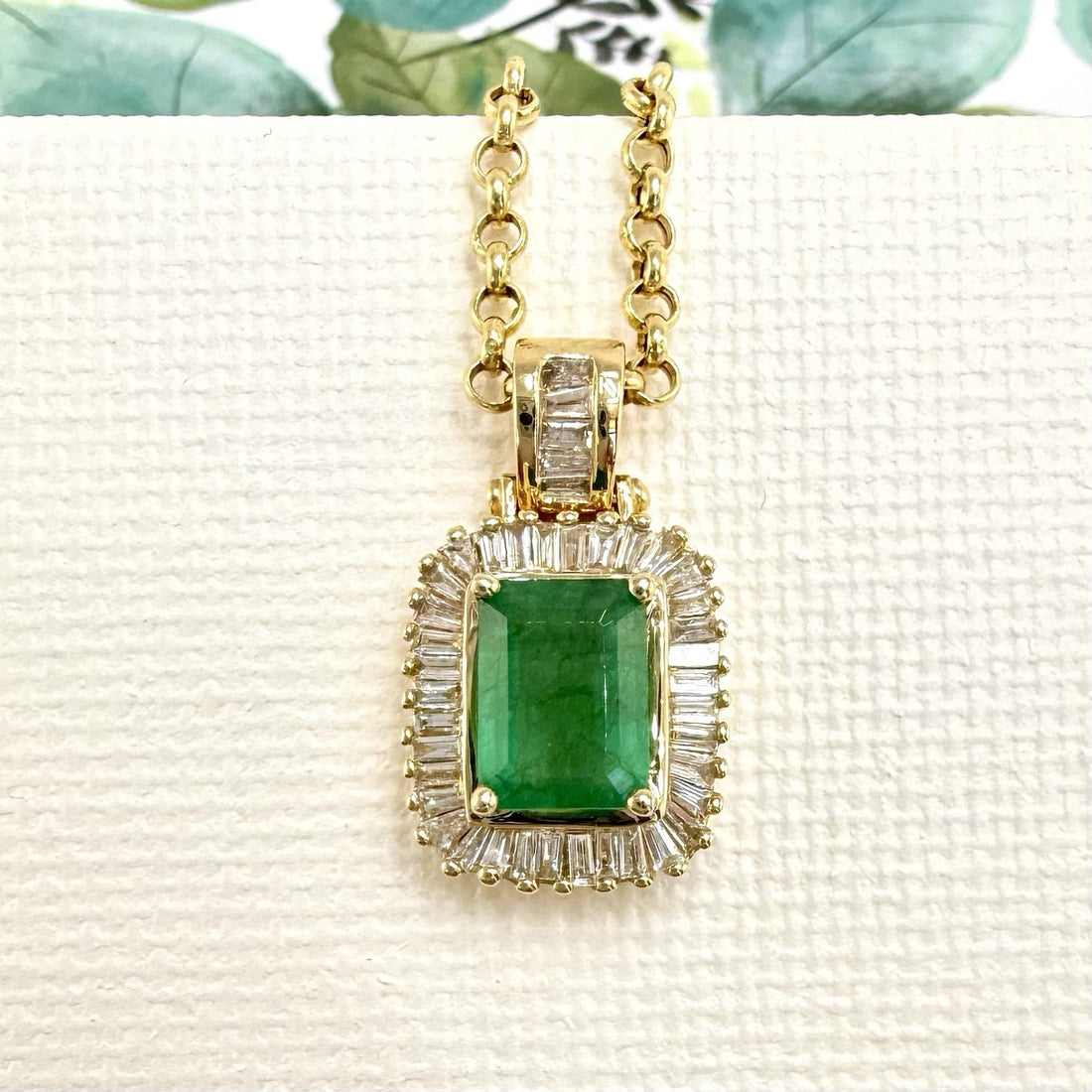 14k Yellow Gold Genuine Emerald & Diamond Pendant, Preowned