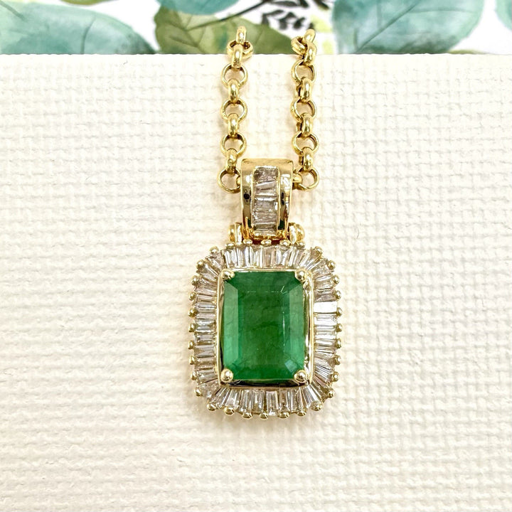 14k Yellow Gold Genuine Emerald & Diamond Pendant, Preowned