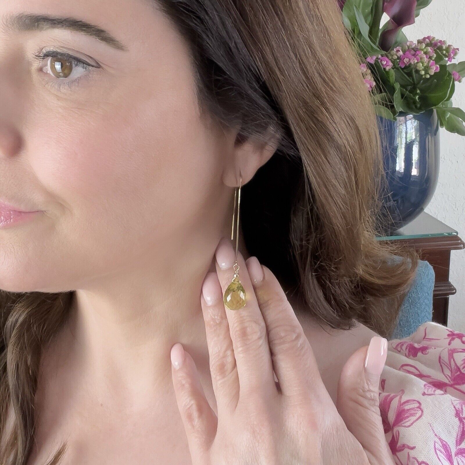 14k Yellow Gold Genuine Lemon Citrine Threader Drop/Dangle Earrings, New, 2.80"