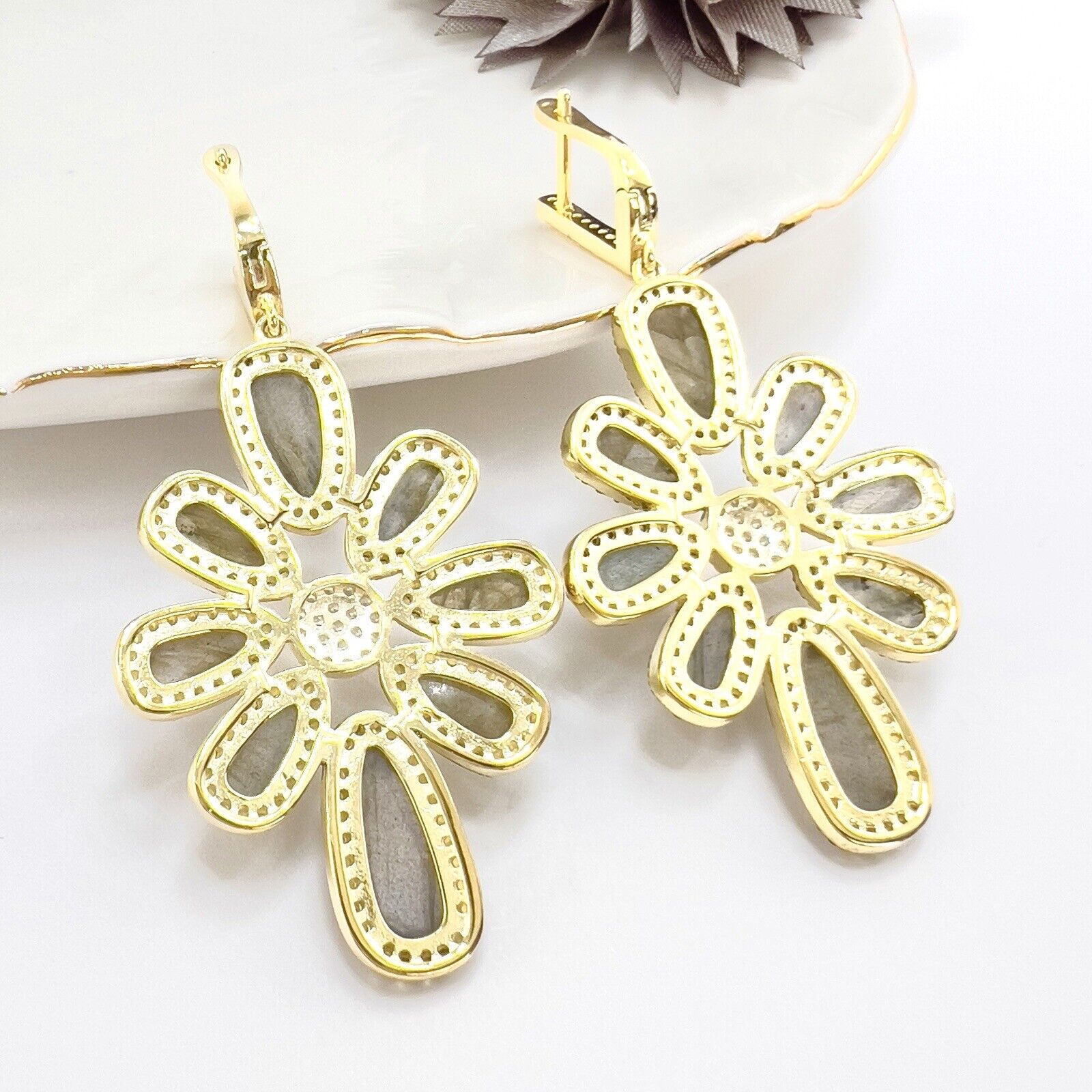 Genuine Labradorite Citrine & Cz Sterling Silver Vermeil Statement Earrings, New