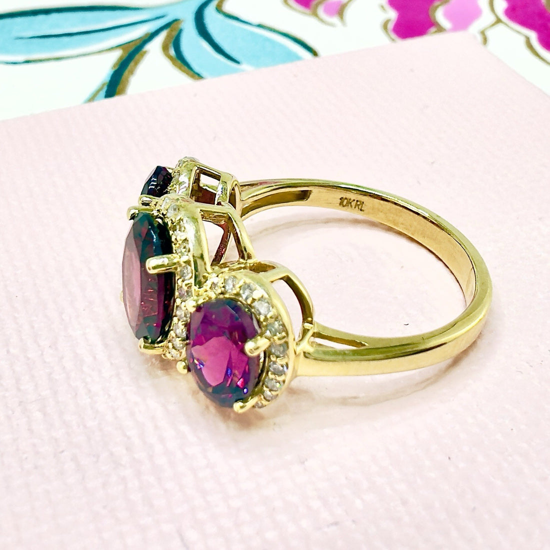 10K Yellow Gold Genuine Rhodolite Garnet & Diamond Three Stone Ring, Sz 6.5, New