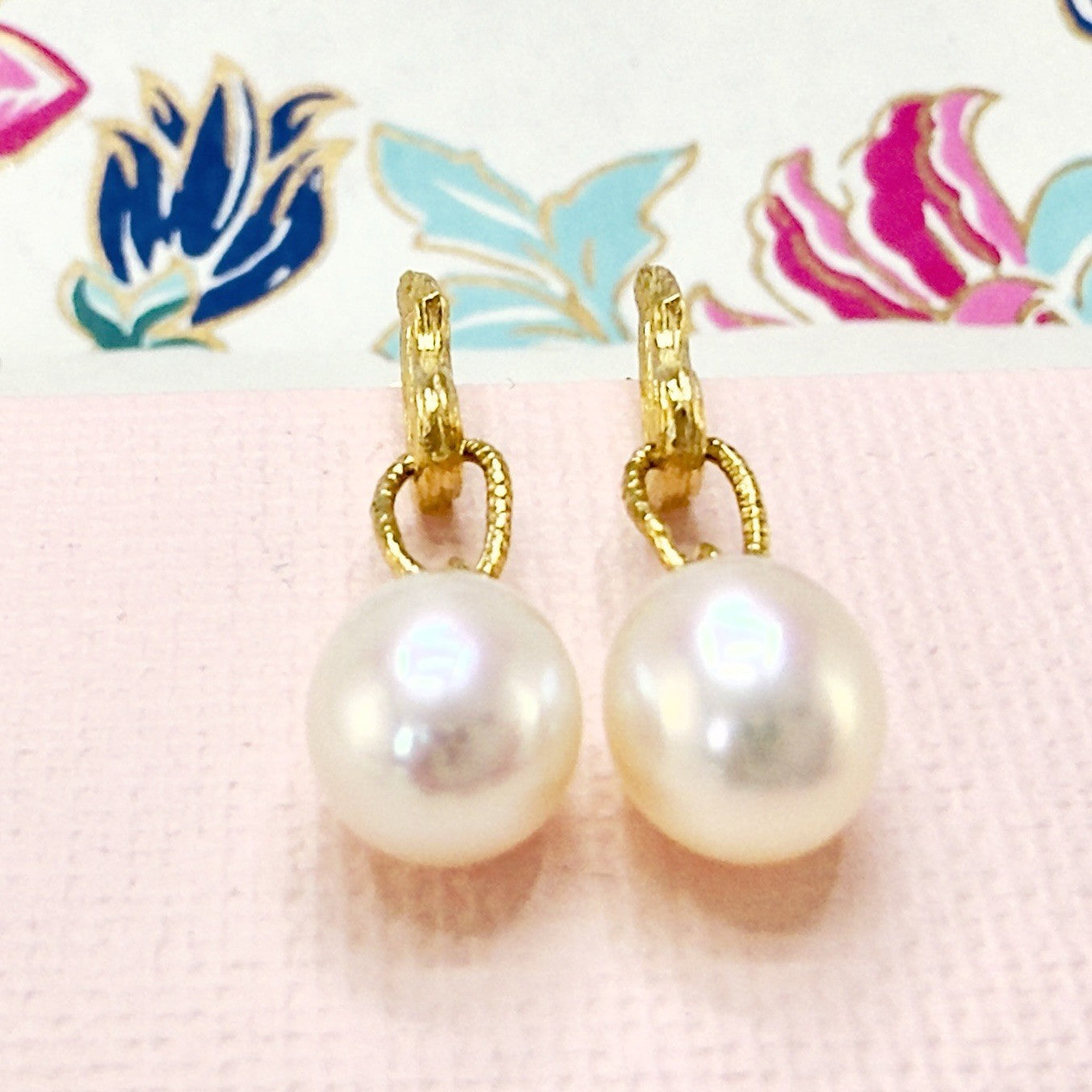 14k Yellow Gold Genuine Pearl Dangle Modernist Earrings, New