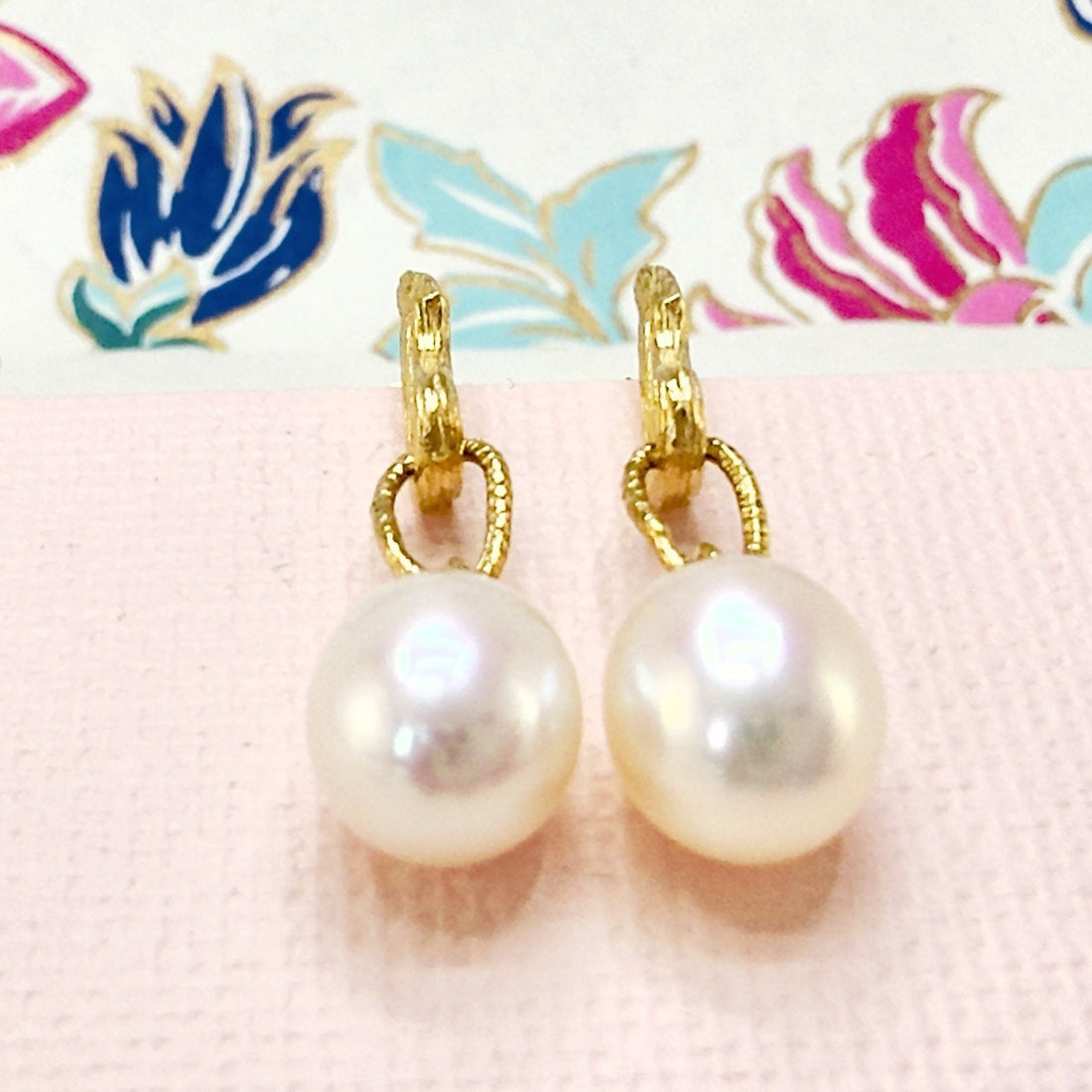 14k Yellow Gold Genuine Pearl Dangle Modernist Earrings, New