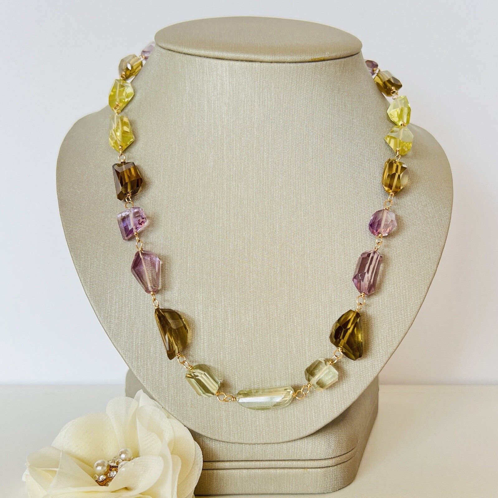 Solid 14k Yellow Gold Multi-Color Quartz Nugget Station Necklace 20" New