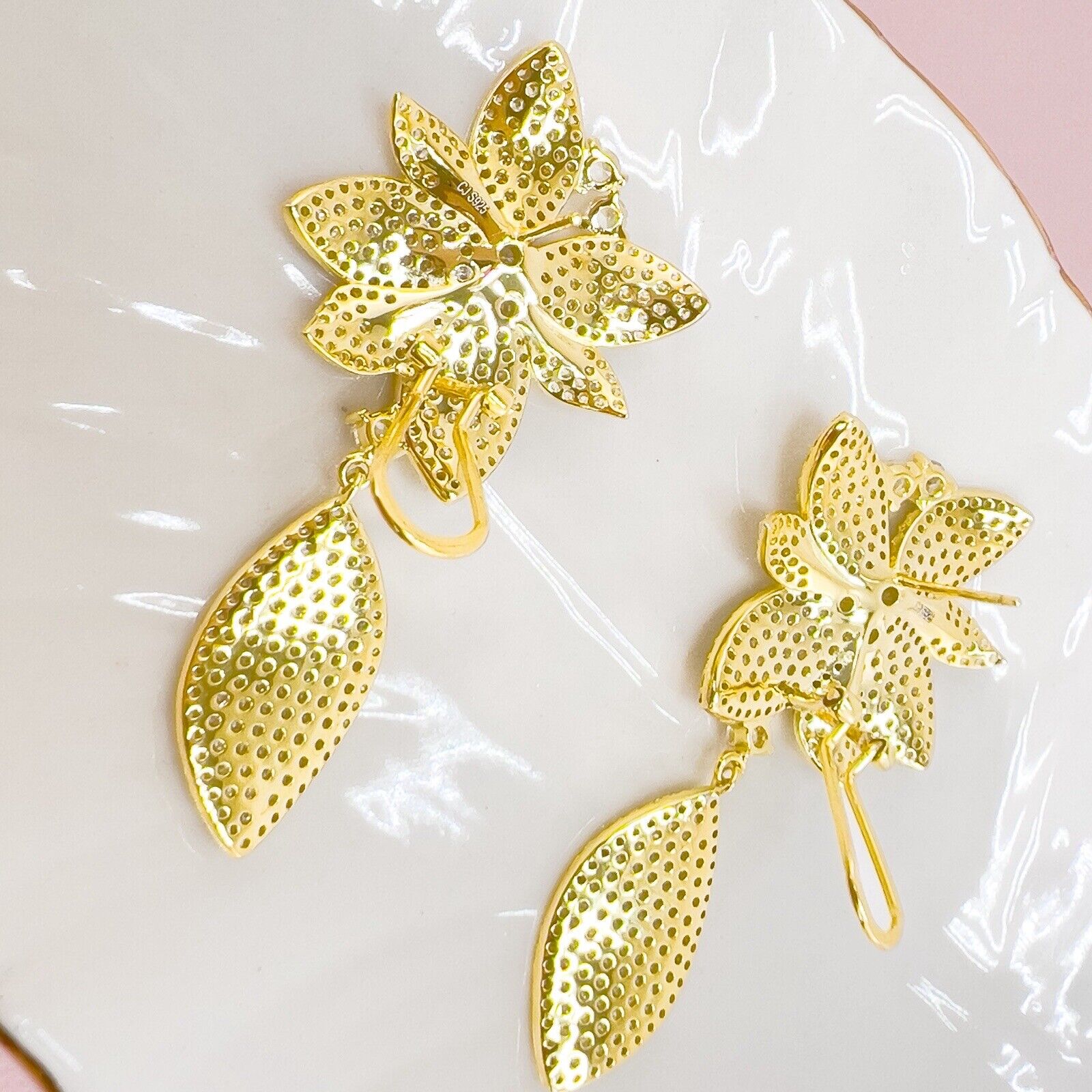 Sterling Silver Vermeil  Flower Cubic Zirconia Dangle/Drop Earrings, New 2.2"