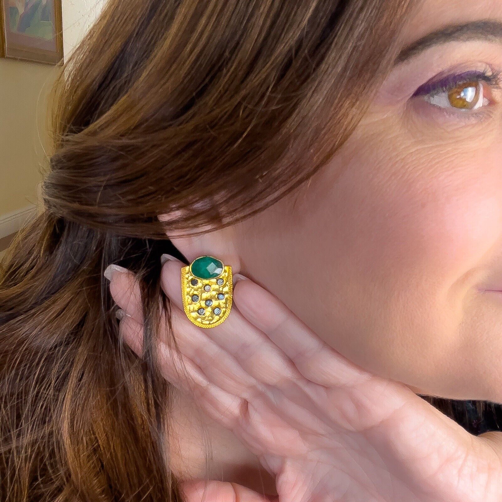 Genuine Emerald 22k Gold Over Sterling Silver Dangle Earrings, New