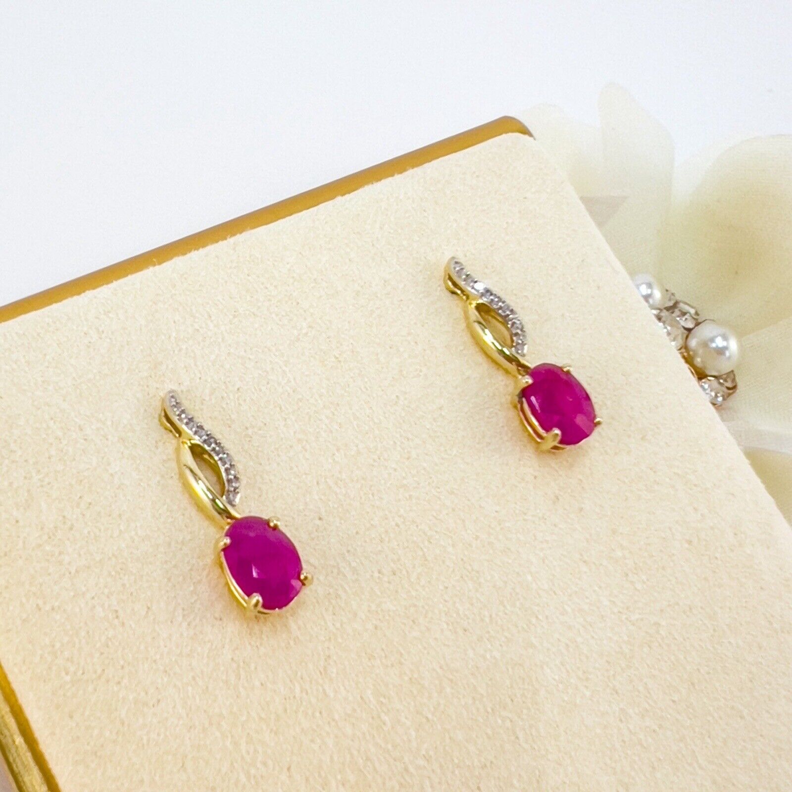 Solid 10k Yellow Gold Genuine Ruby & Diamond Dangle/Drop Earrings, New