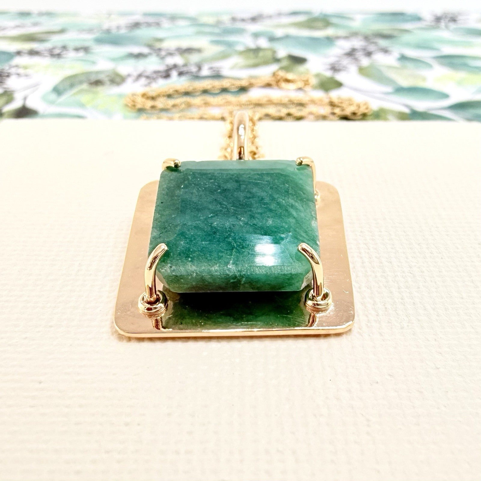 14k Yellow Gold Genuine Emerald Modernist Unisex Pendant, Newly Handcrafted