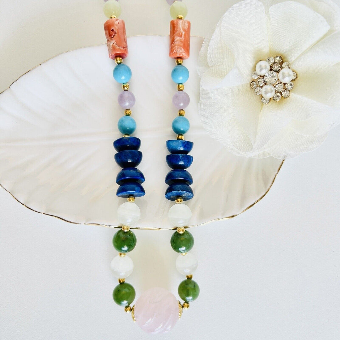 Natural Coral, Amethyst, Jade, Howlite, Serpentine & Quartz Beaded Necklace, New