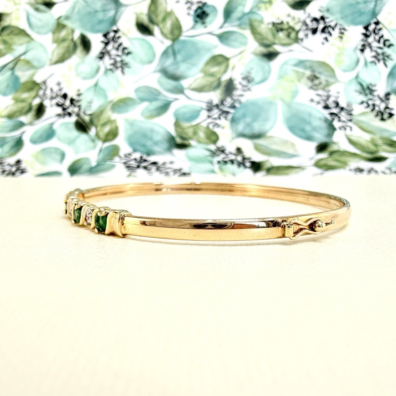 10k Yellow Gold Genuine Emerald & Diamond Bangle Bracelet, Preowned