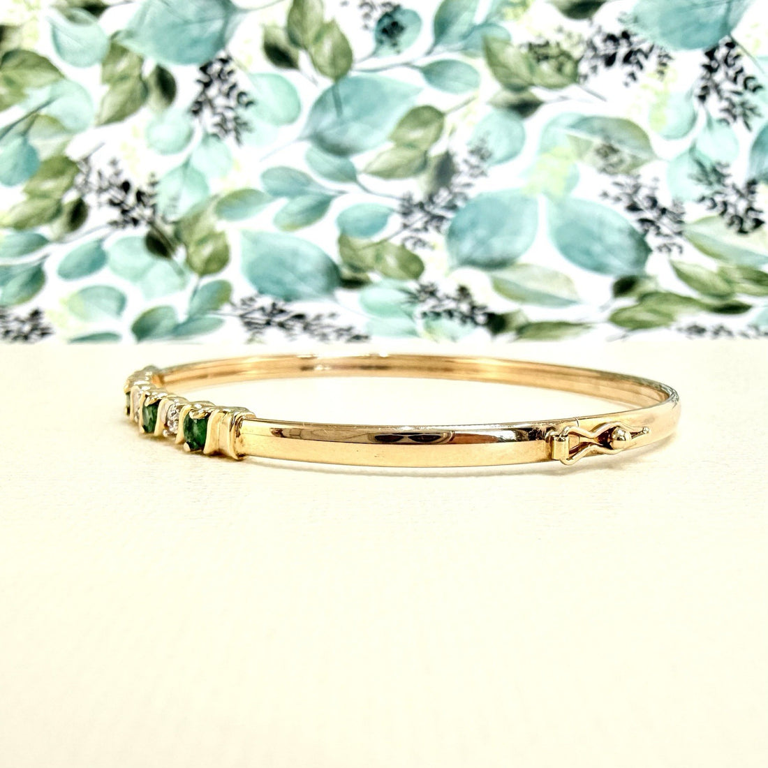 10k Yellow Gold Genuine Emerald & Diamond Bangle Bracelet, Preowned
