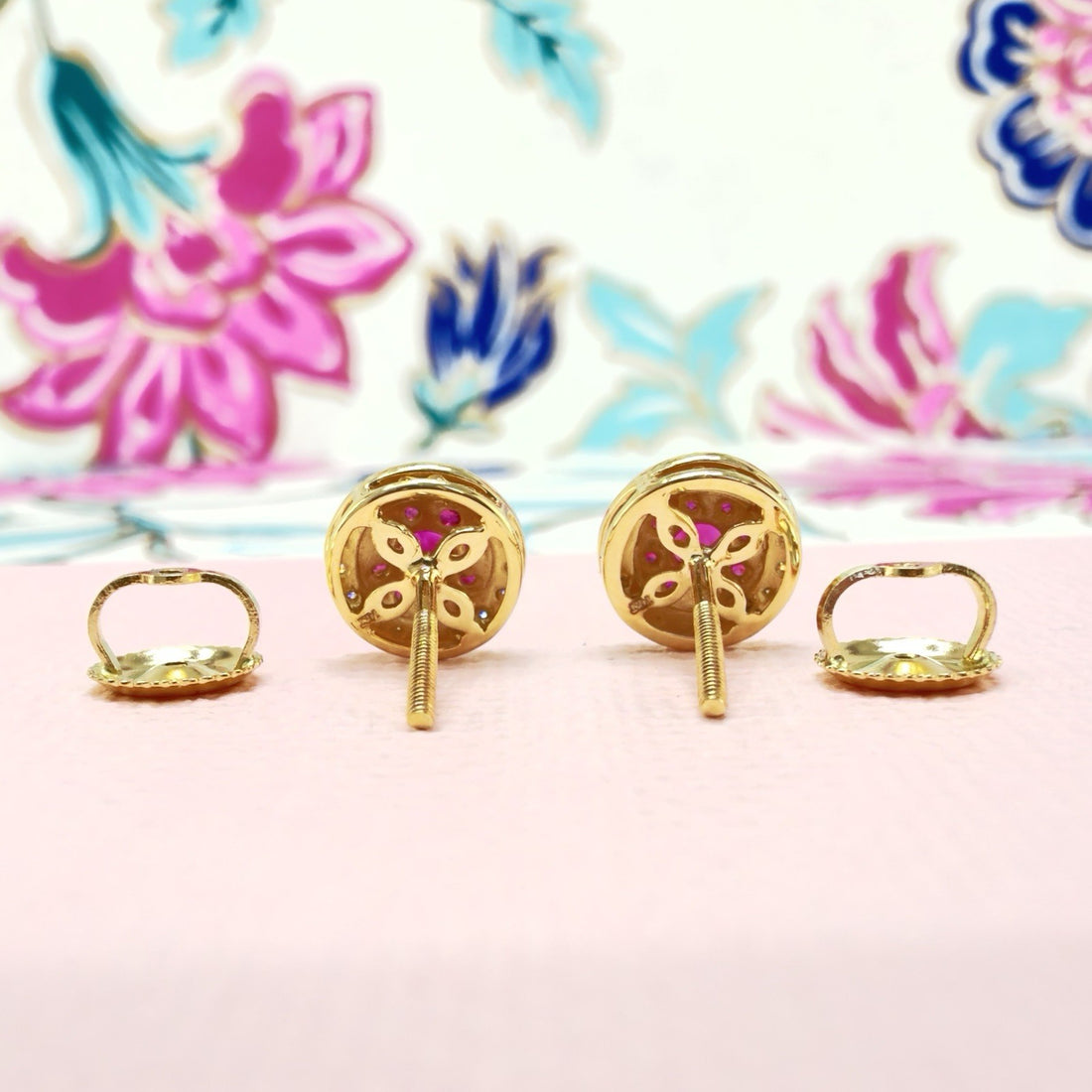 14k Yellow Gold Genuine Ruby & Diamond Halo Stud Screw-Back Earrings, New