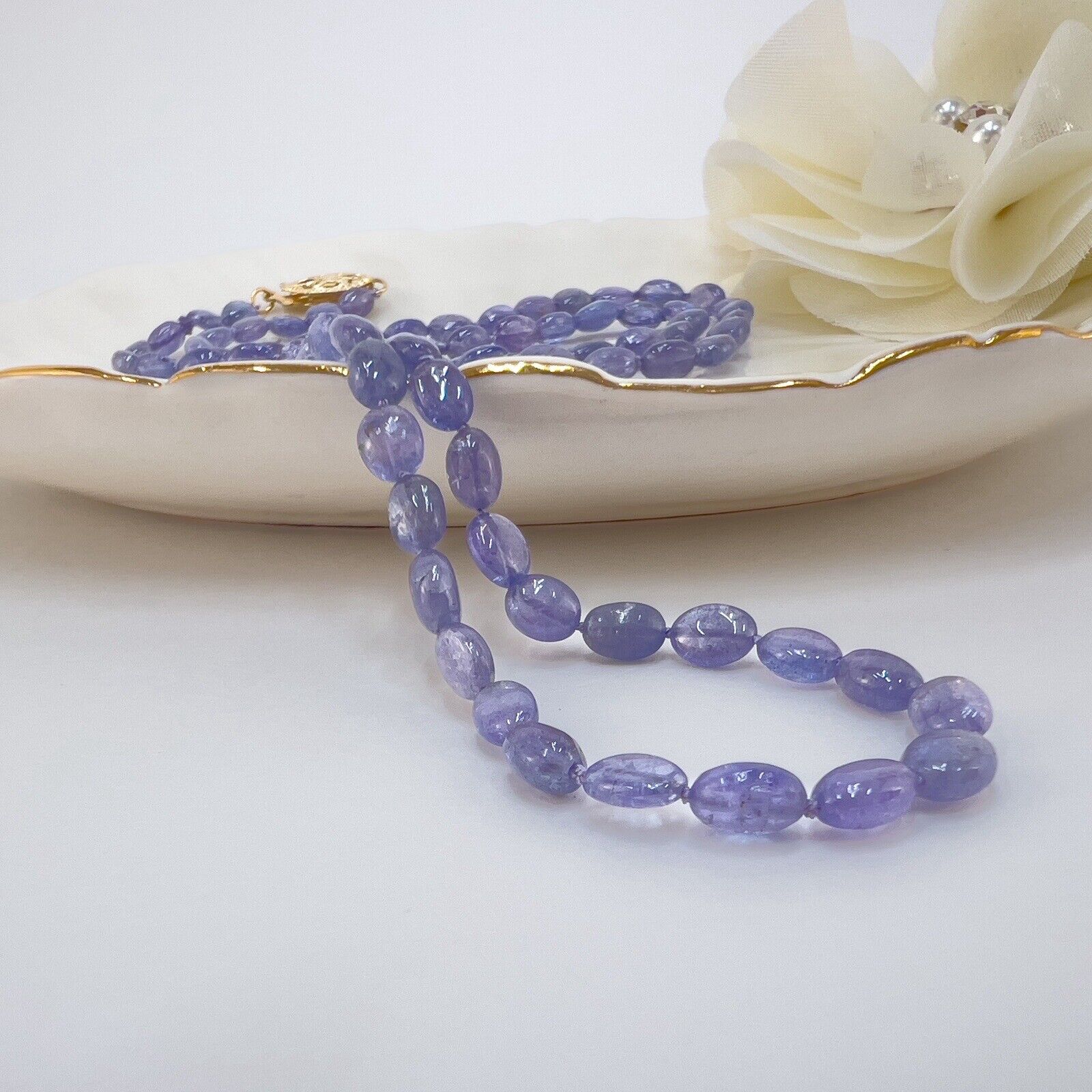 Natural Tanzanite 14k Yellow Gold Beaded Necklace, New 18"