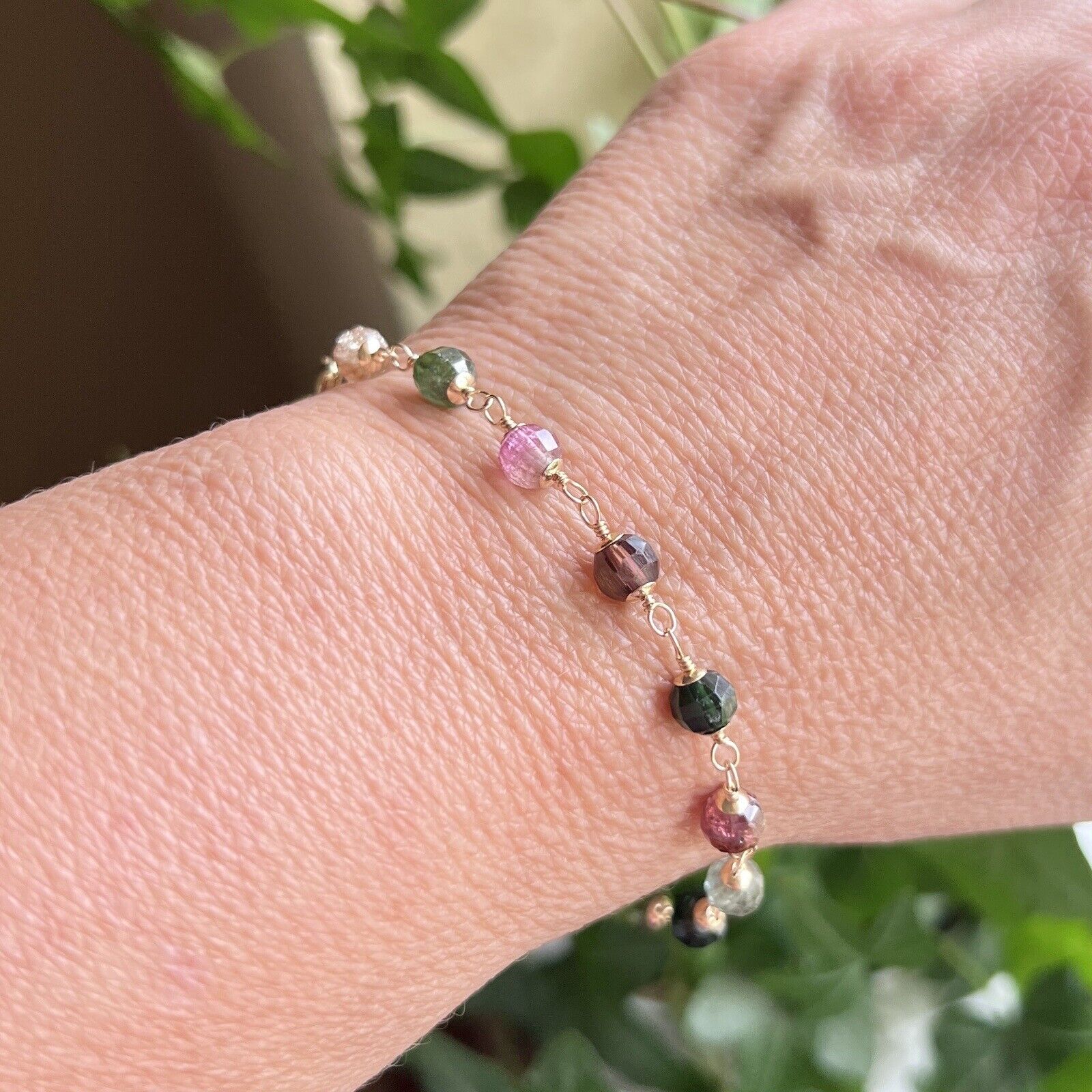 Solid 14k Yellow Gold Genuine Tourmaline Wire-Wrapped Beaded Bracelet, New 7.75”