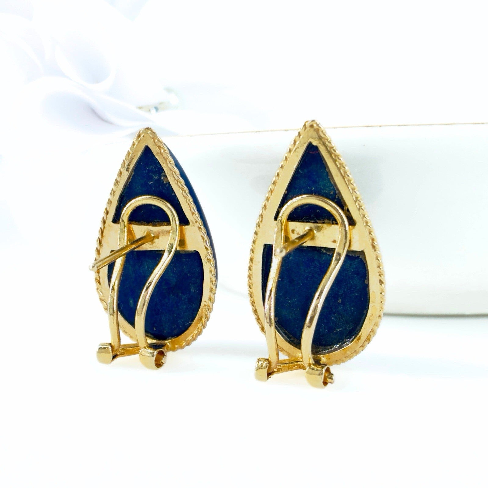 14k Yellow Gold Dark Blue Lapis Lazuli Omega Back Earrings, Preowned