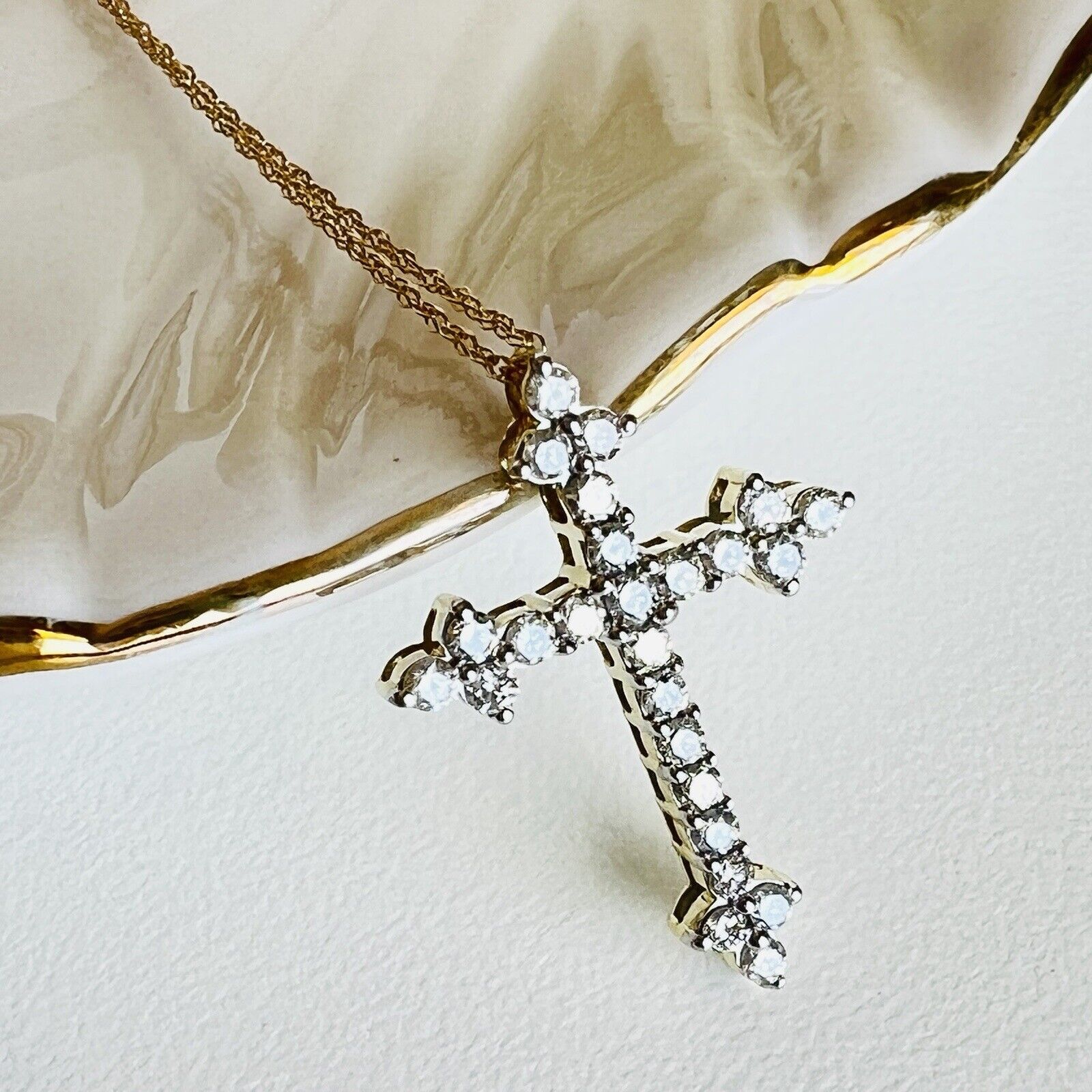 Solid 10k Yellow Gold Genuine Diamond Cross Pendant Necklace 18", New