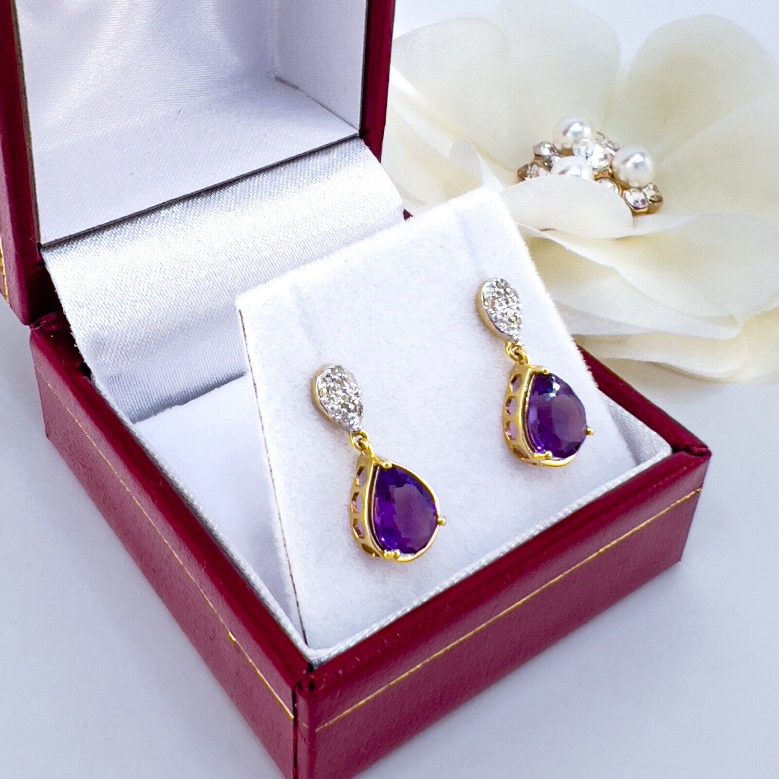 Genuine Amethyst & Diamond Solid 10k Yellow Gold Dangle/Drop Earrings
