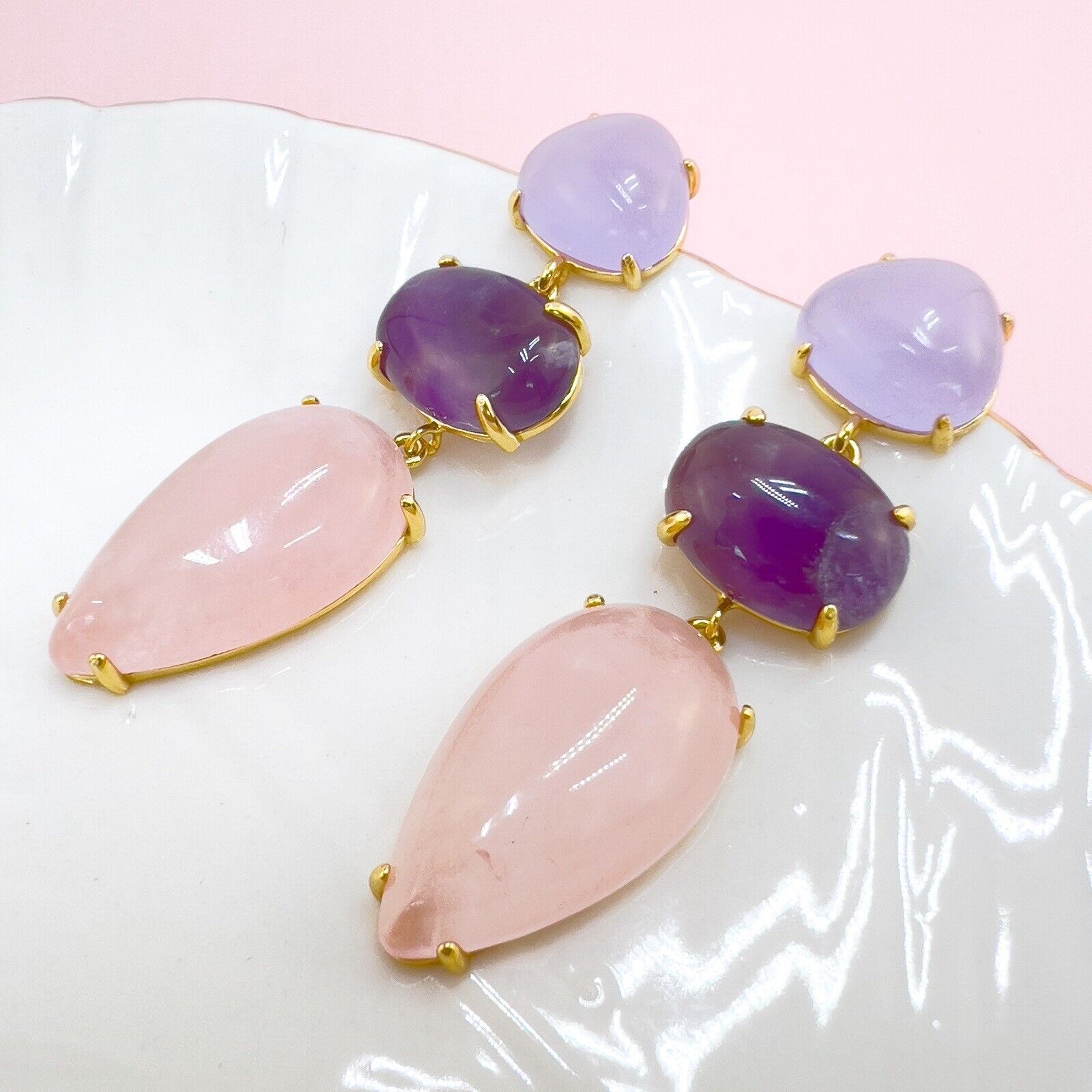 Genuine Rose-Quartz Amethyst Chalcedony Sterling Silver Vermeil Dangle Earrings