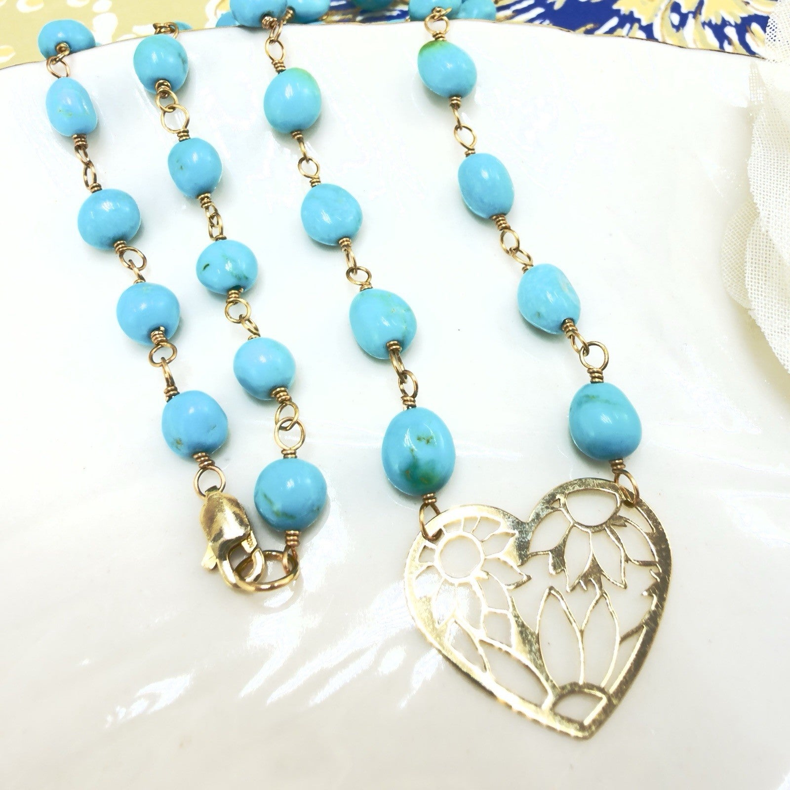 14k Sleeping Beauty Turquoise with Pierce-Work Heart Pendant Necklace, 18.25"