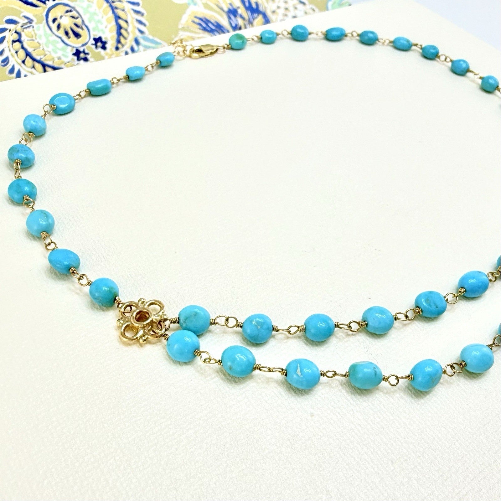 14k Yellow Gold Genuine Sleeping Beauty Turquoise Handcrafted Necklace, 16.5-18"