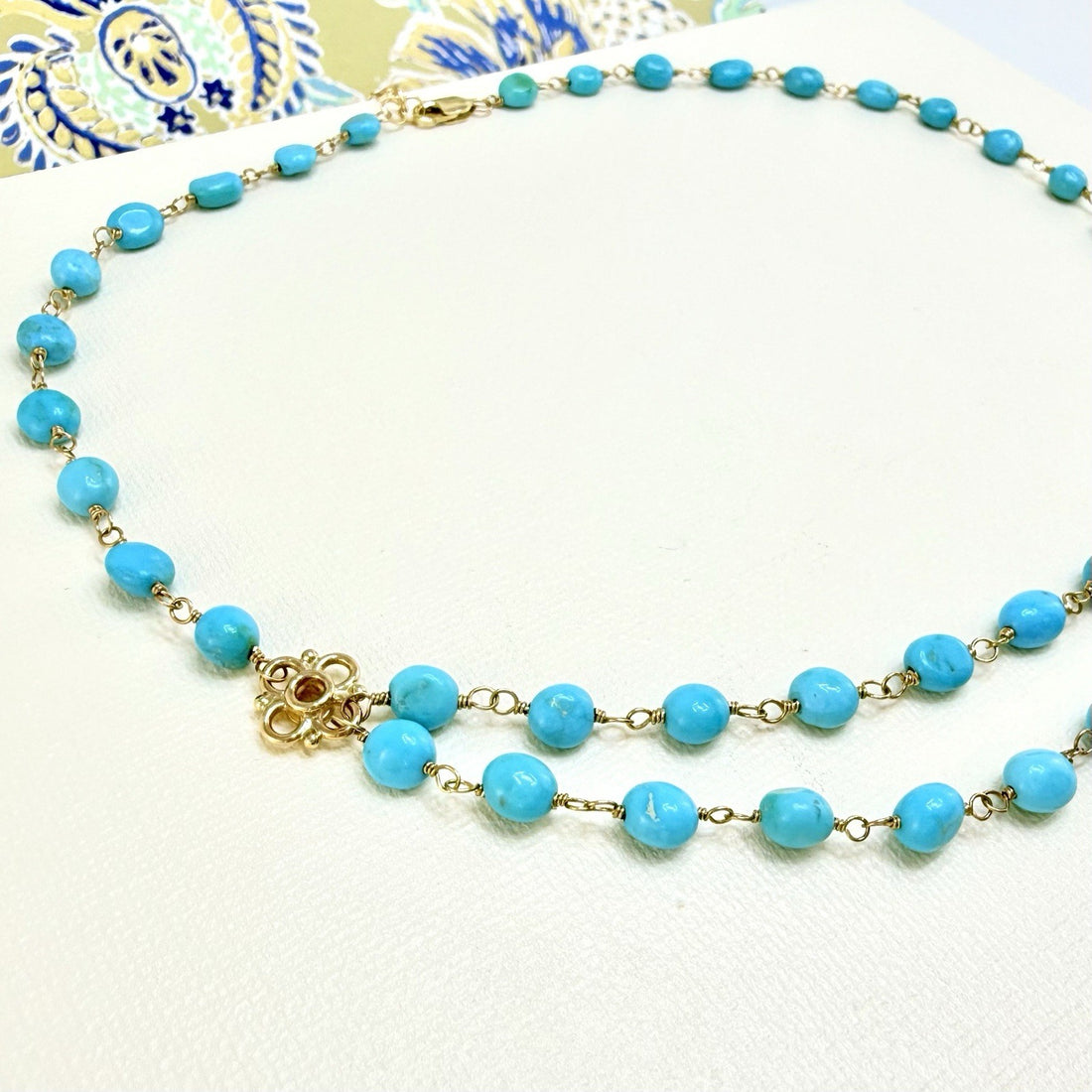 14k Yellow Gold Genuine Sleeping Beauty Turquoise Handcrafted Necklace, 16.5-18"