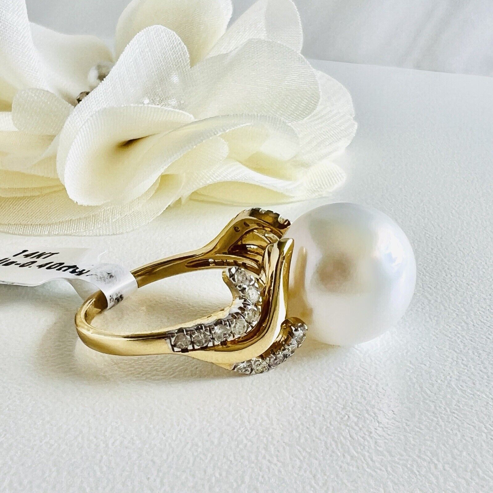 Solid 14k Yellow Gold Genuine 13.3mm Pearl & Diamond Ring, Size 7 New
