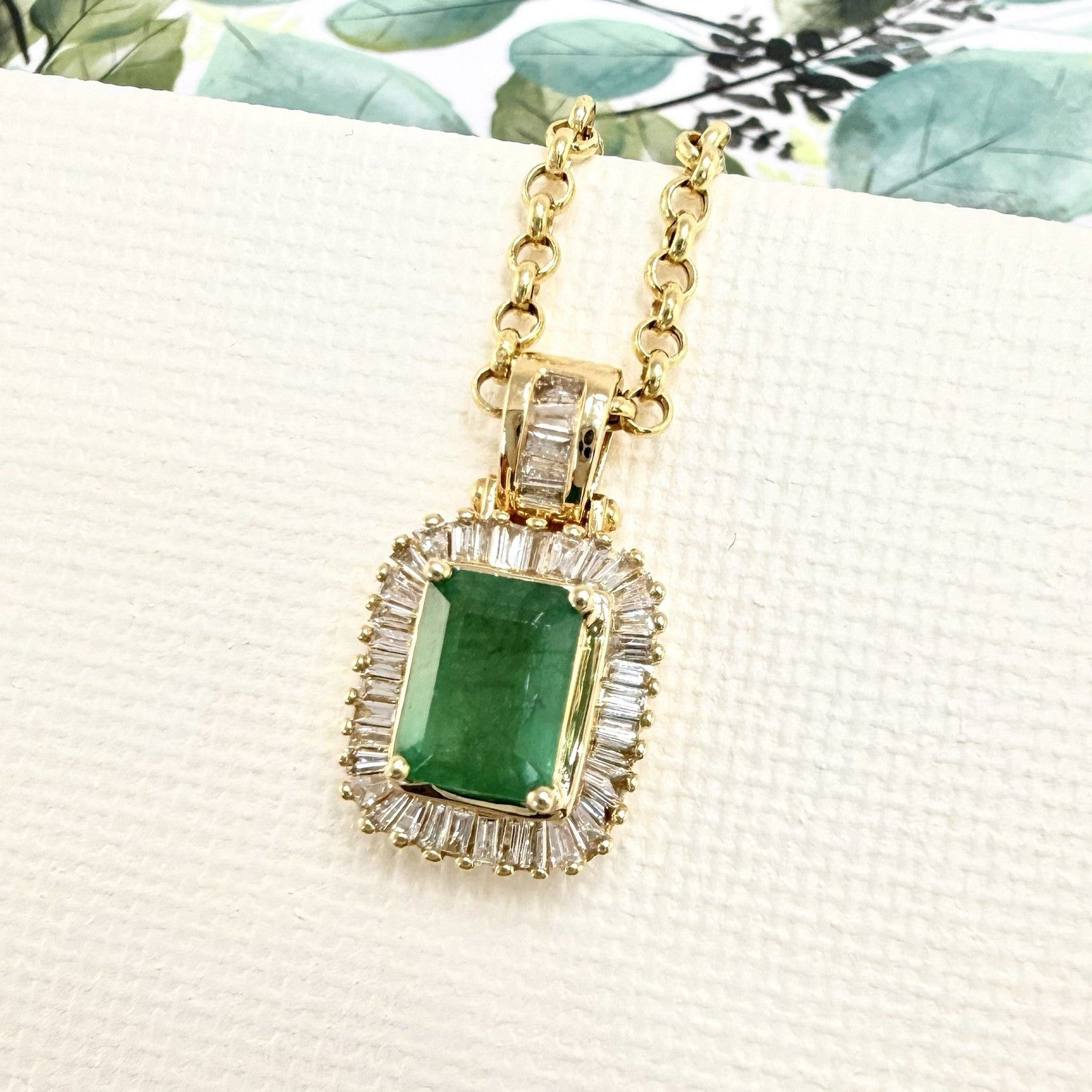 14k Yellow Gold Genuine Emerald & Diamond Pendant, Preowned