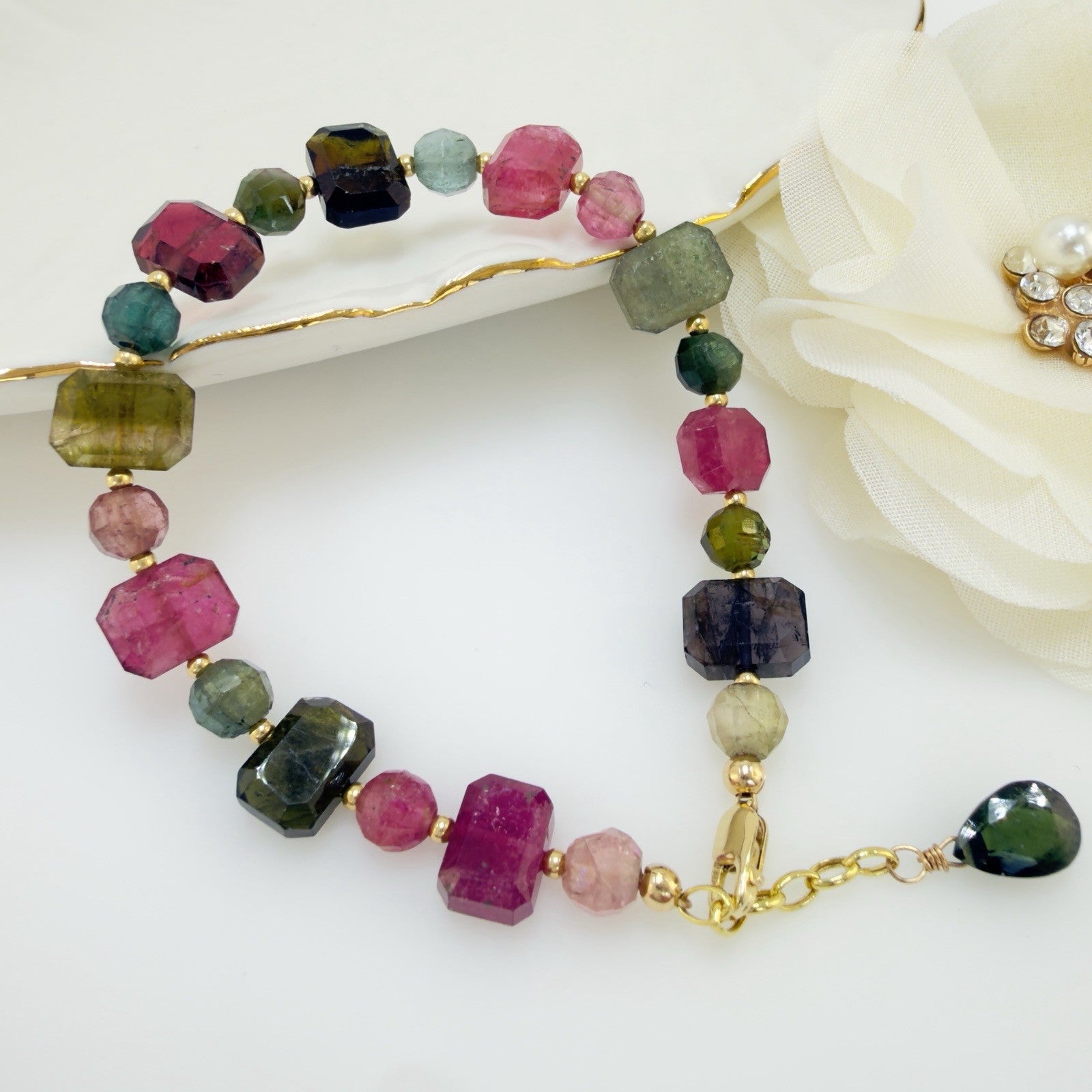 14k Yellow Gold Genuine Multi-Color Tourmaline Bracelet, 6.5-7"
