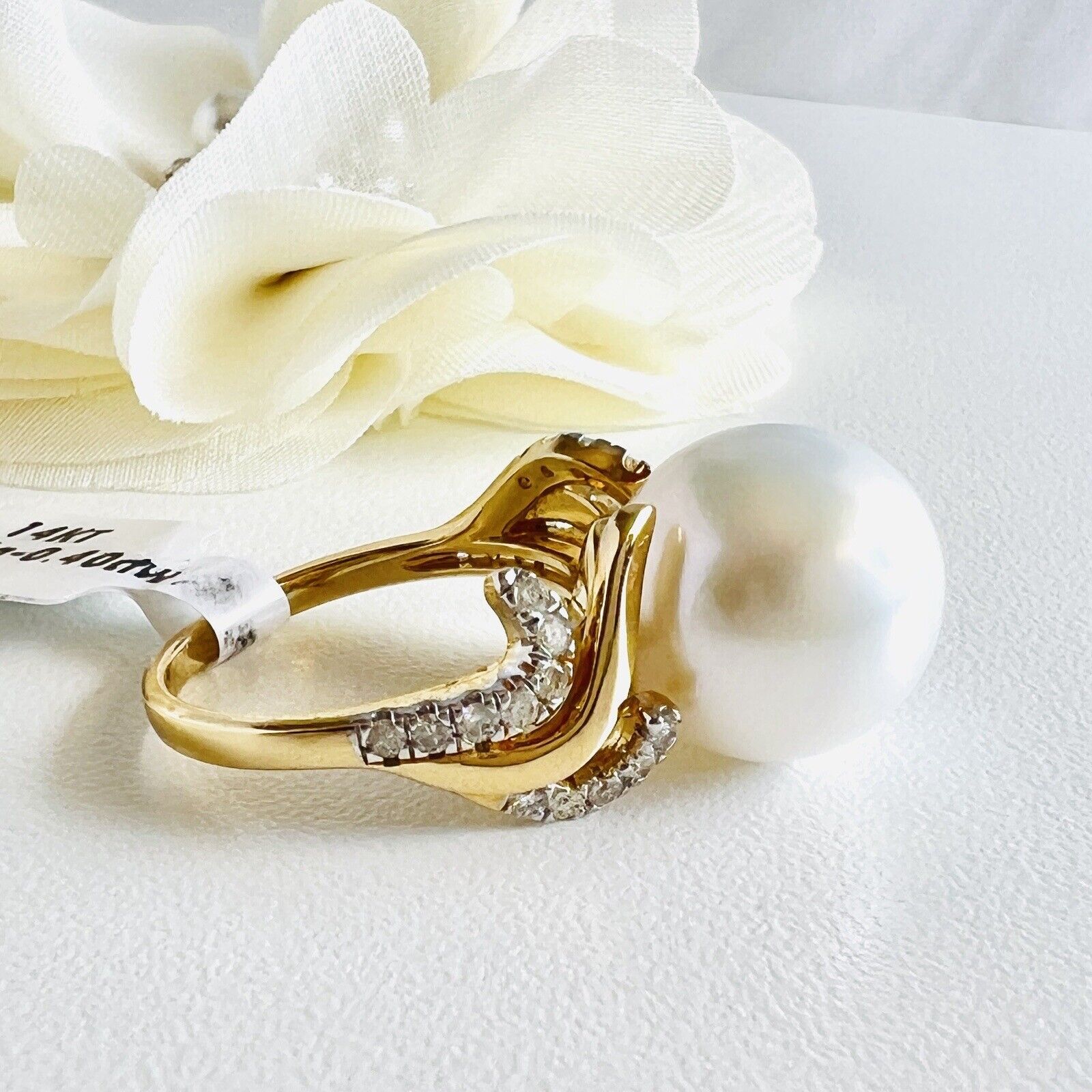 Solid 14k Yellow Gold Genuine 13.3mm Pearl & Diamond Ring, Size 7 New