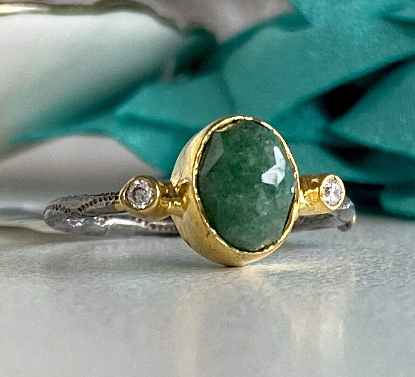 Antiqued Sterling Silver 22k Yellow Gold Green Quartz Ring Size 5/6.25