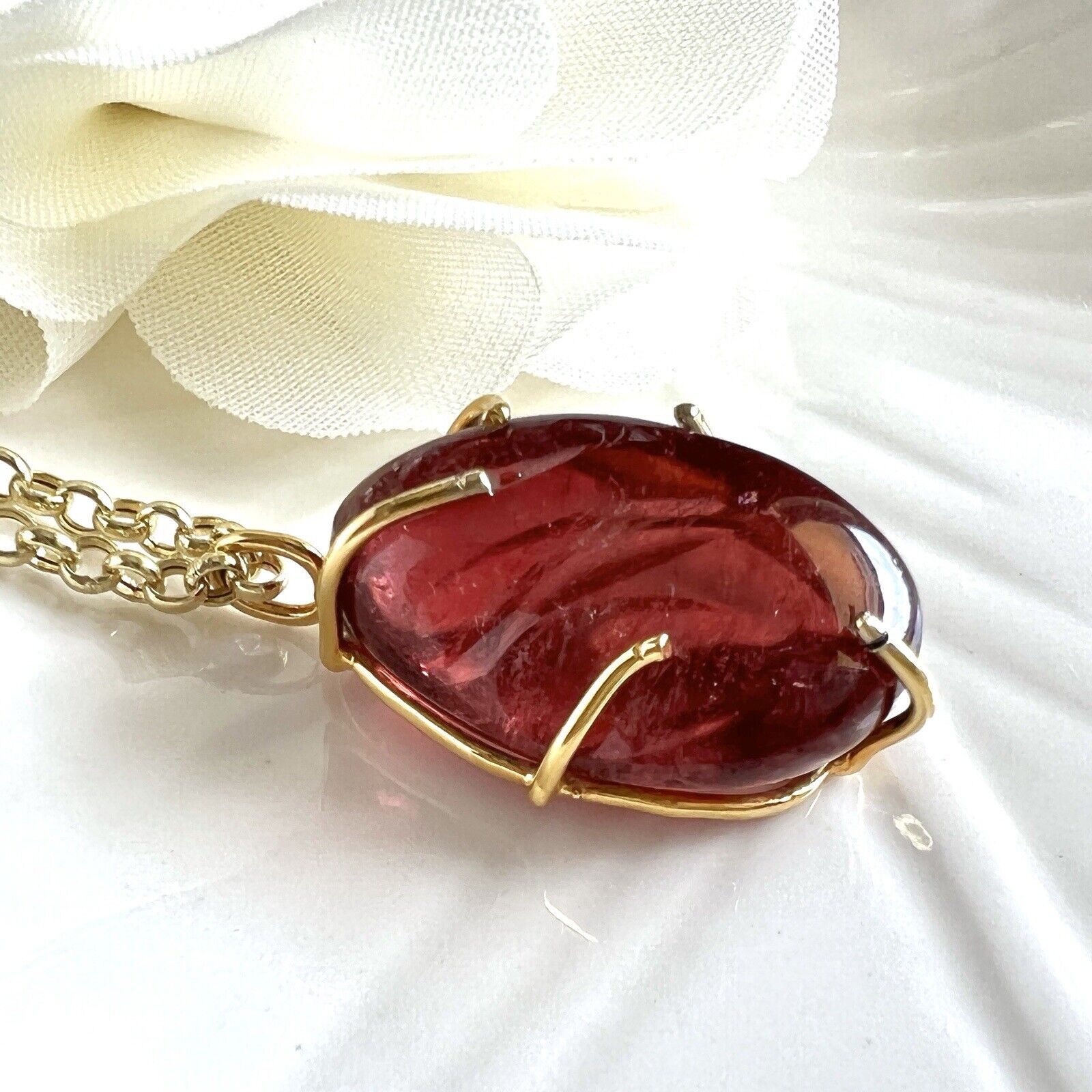 Solid 14k Yellow Gold Natural Smooth Red Tourmaline (16ct) Nugget Pendant, New