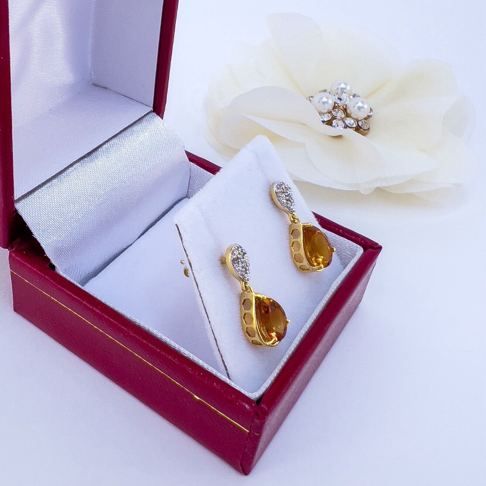 Genuine Citrine & Diamond Solid 10k Yellow Gold Dangle/Drop Earrings