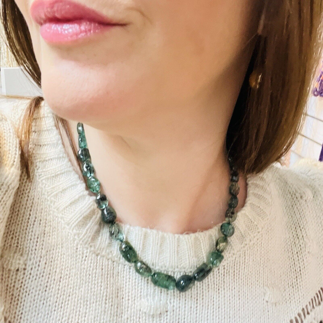 Genuine Emerald (170ct) 14k Yellow Gold Beaded Necklace, New 17.5"
