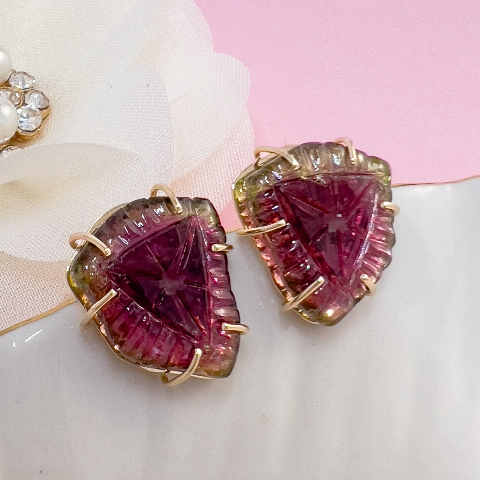 Unique 14k Yellow Gold Watermelon Tourmaline Custom-Made Stud Earrings