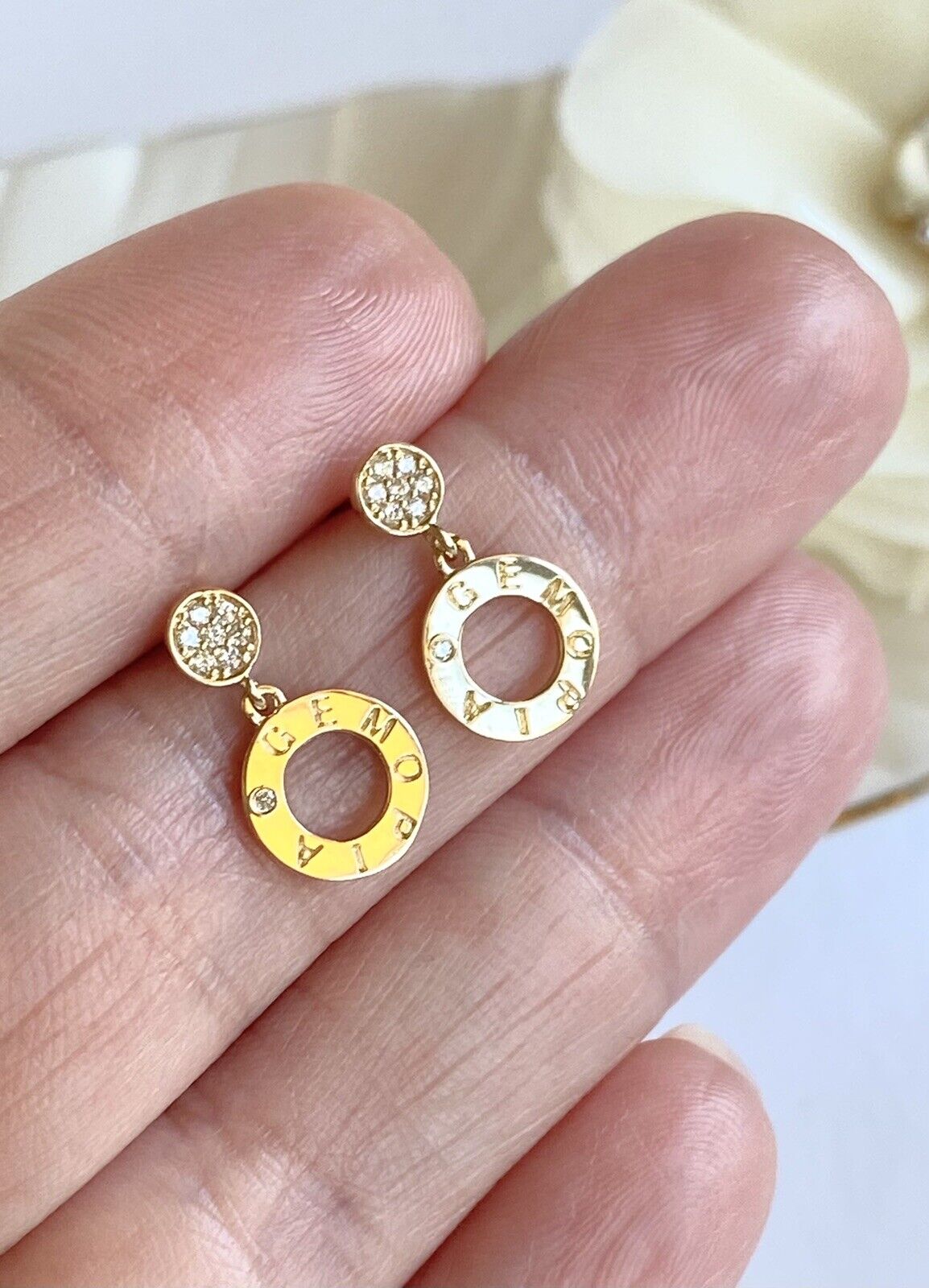 Solid 14K Yellow Gold & Cubic Zirconia Open Circle Dangle Earrings, New