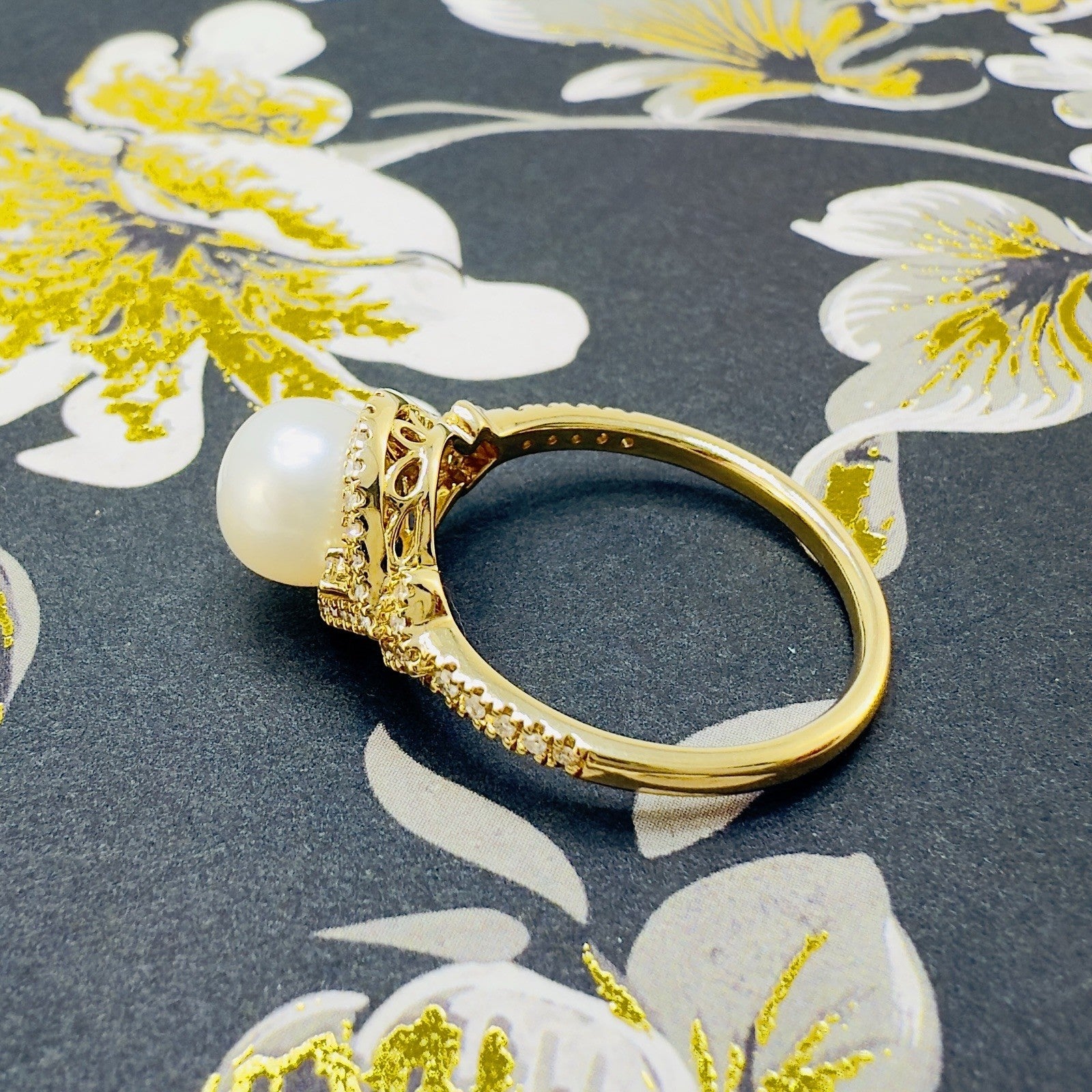 14k Yellow Gold Genuine Cultured Pearl & Diamond Halo Ring, Sz 7, New