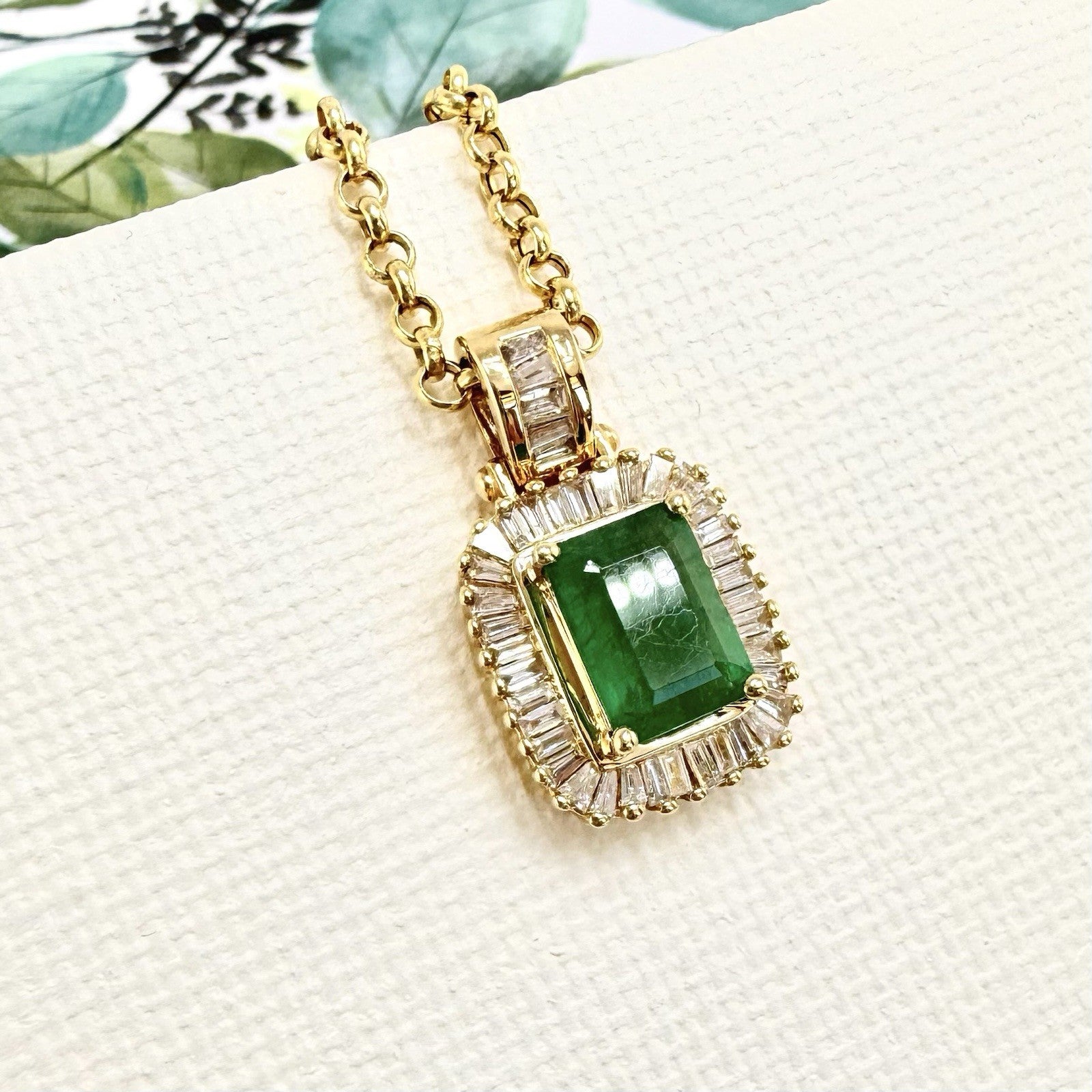 14k Yellow Gold Genuine Emerald & Diamond Pendant, Preowned