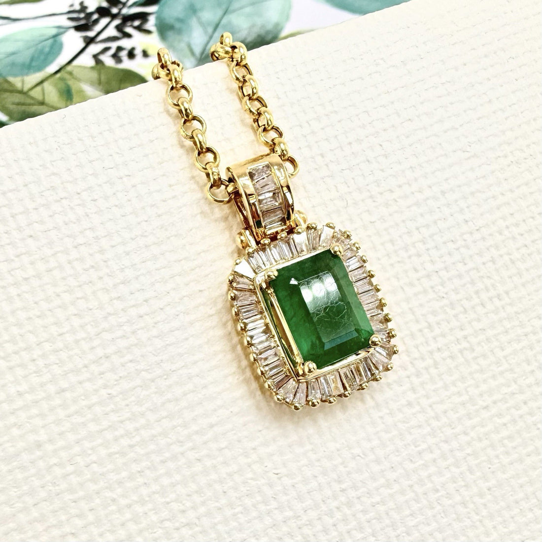 14k Yellow Gold Genuine Emerald & Diamond Pendant, Preowned