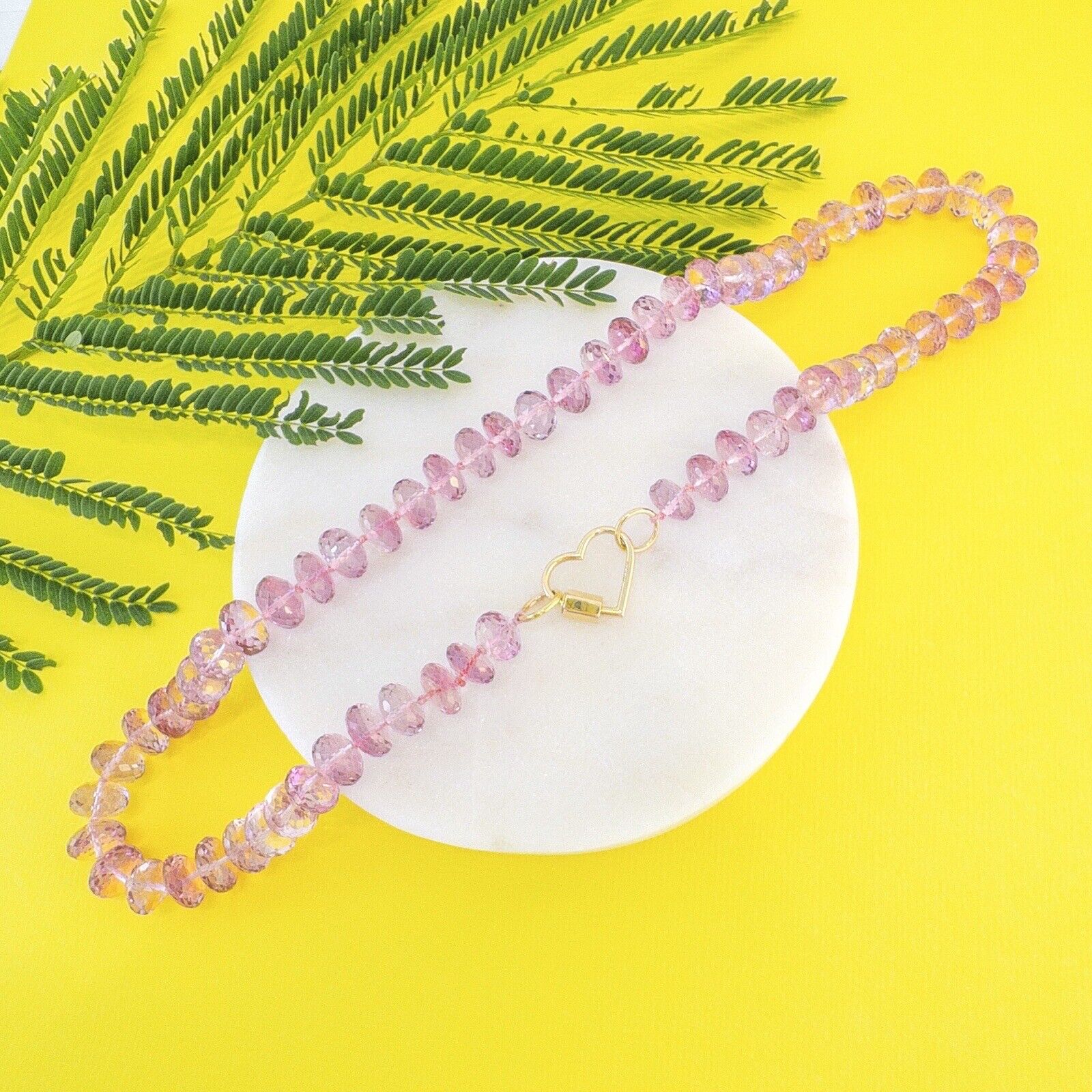 Solid 14k Yellow Gold Heart Clasp & Pink Topaz Necklace, New 17"