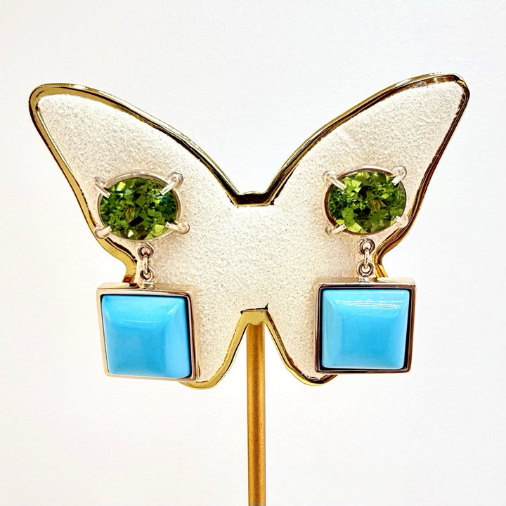 14k Yellow Gold Genuine Peridot & American Turquoise Statement Earrings, New